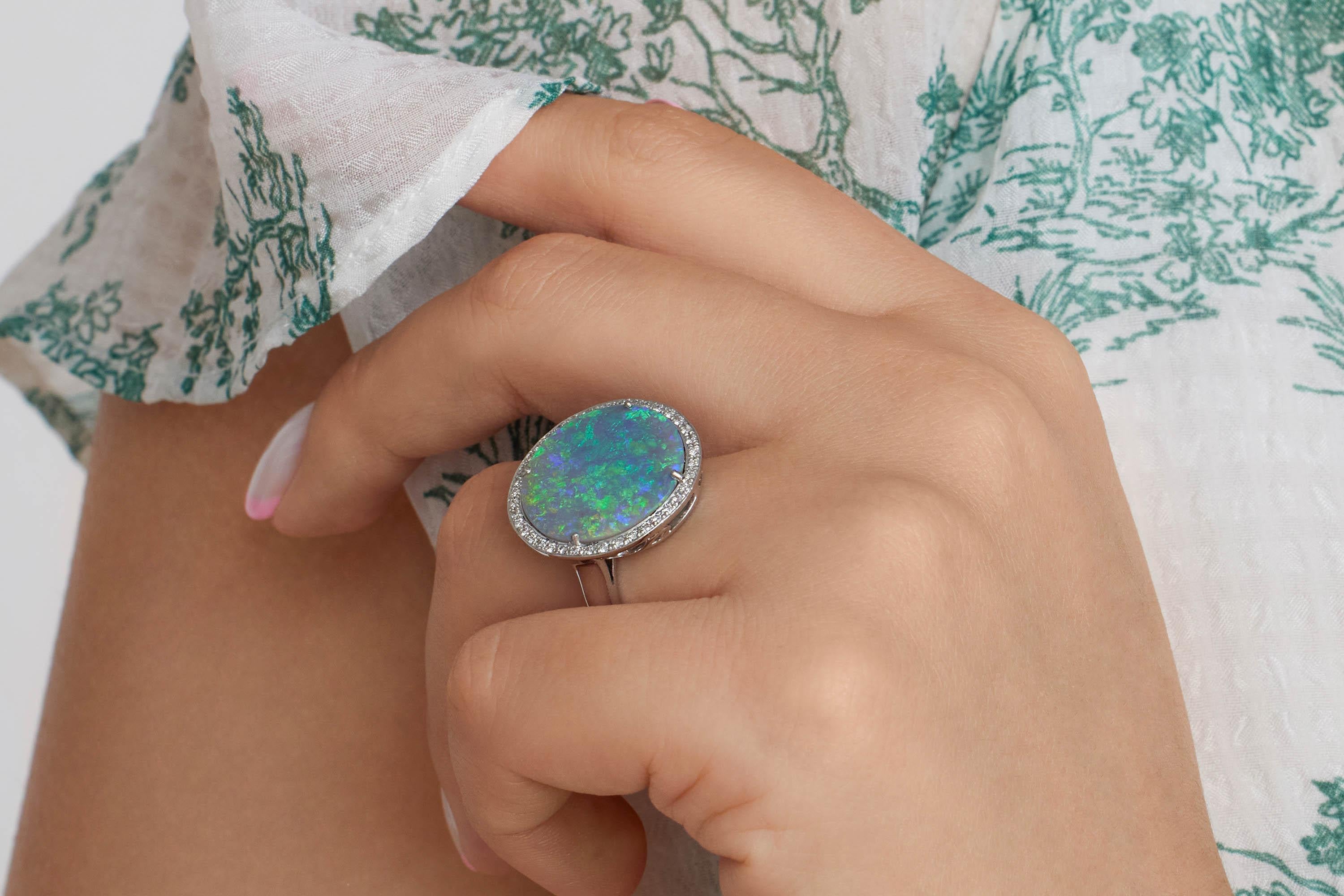 Huge Estate Vintage Australian Crystal Opal Diamond Platinum Ring, Signed For Sale 2