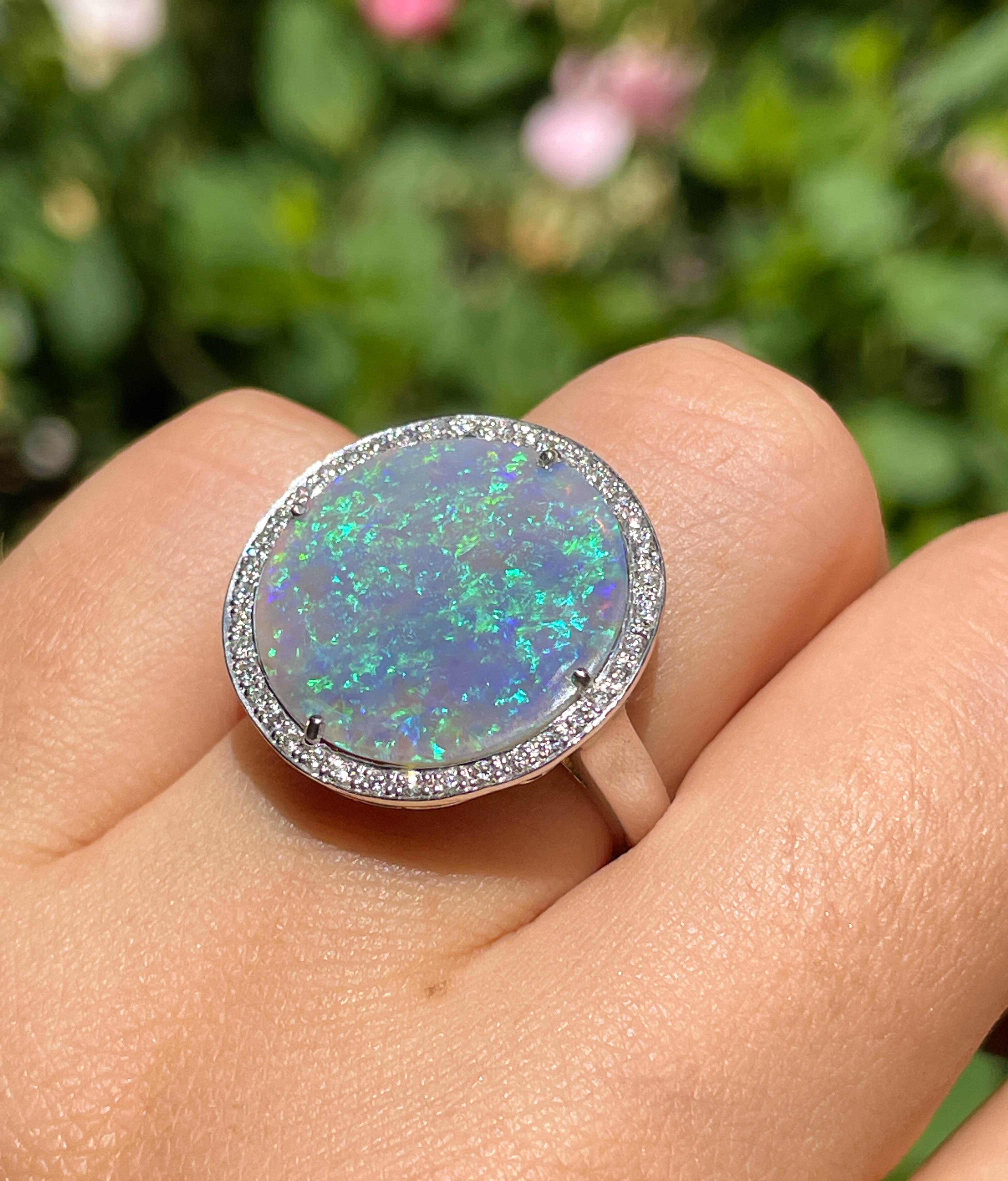 Huge Estate Vintage Australian Crystal Opal Diamond Platinum Ring, Signed For Sale 6