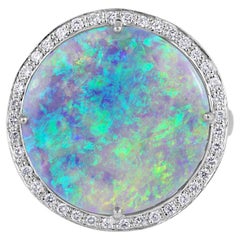Huge Estate Vintage Australian Crystal Opal Diamond Platinum Ring, Signed