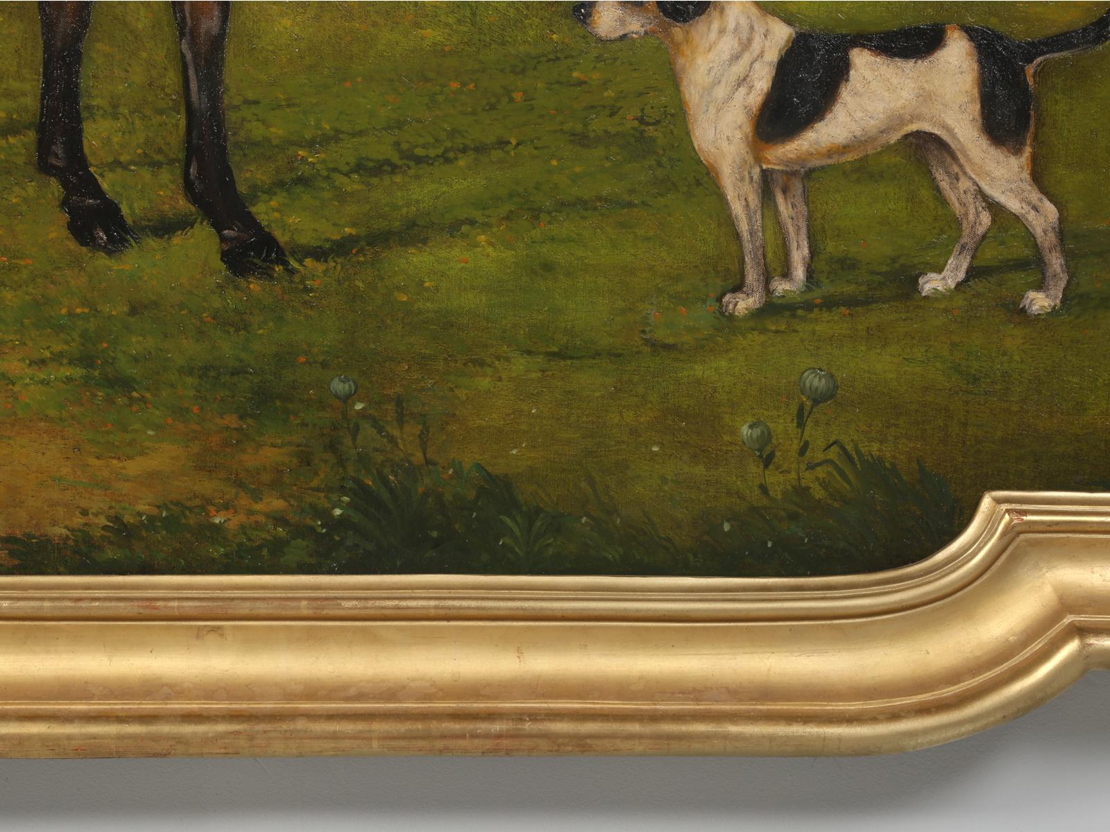 Contemporary Horse and Dog Oil Painting Mounted in Antique French Gilded Frame