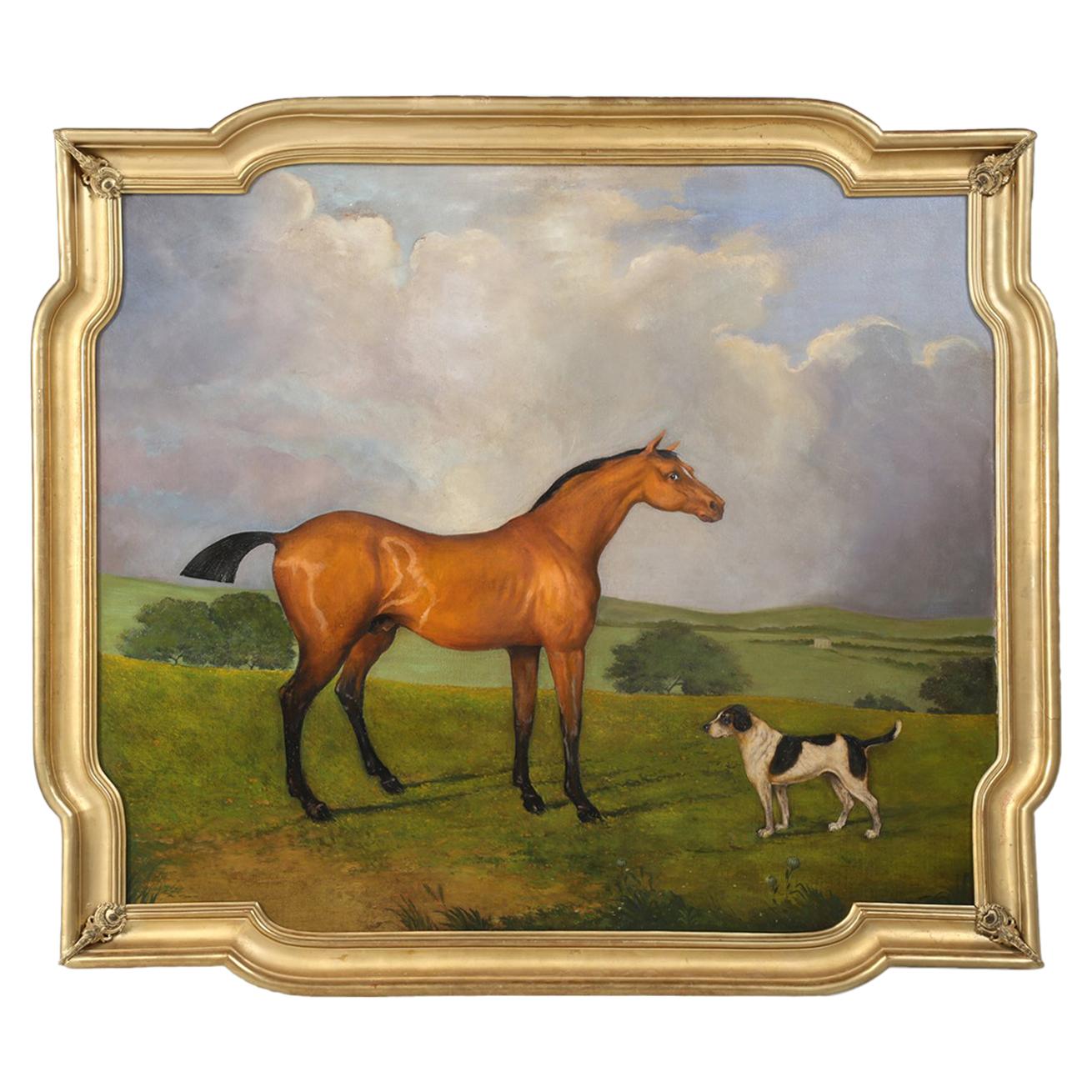 Horse and Dog Oil Painting Mounted in Antique French Gilded Frame