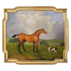 Horse and Dog Oil Painting Mounted in Antique French Gilded Frame