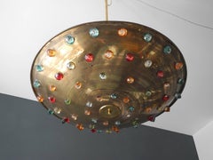 Huge Extra Large Midcentury Brass Ceiling Lamp with Colorful Glass Stones