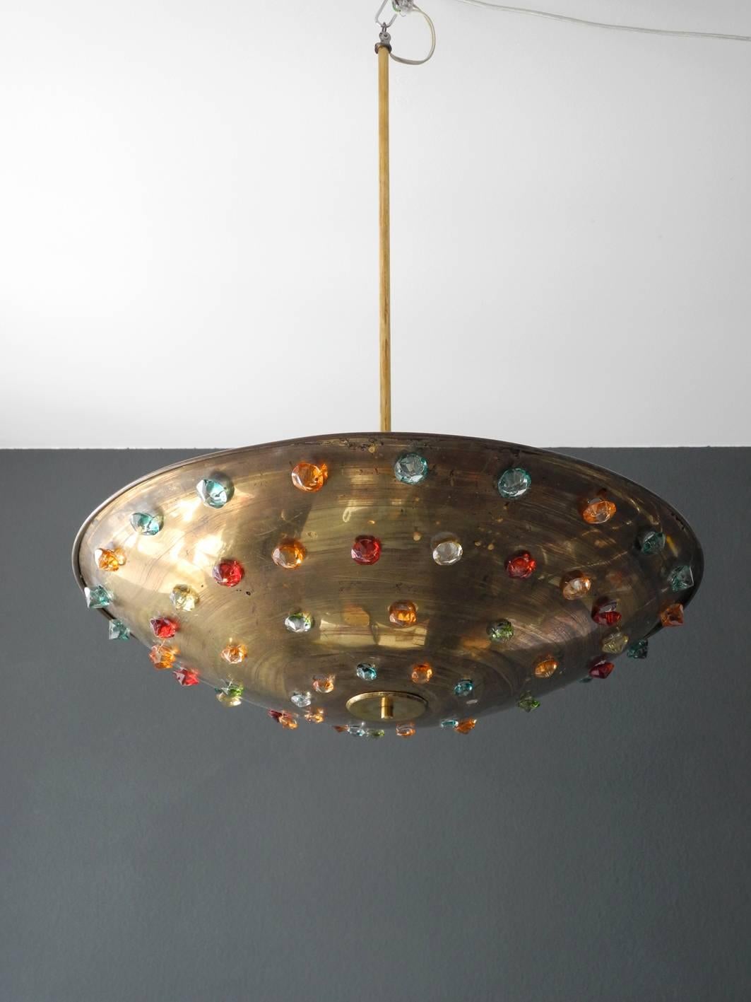 Mid-Century Modern Huge Extra Large Midcentury Brass Ceiling Lamp with Colorful Glass Stones