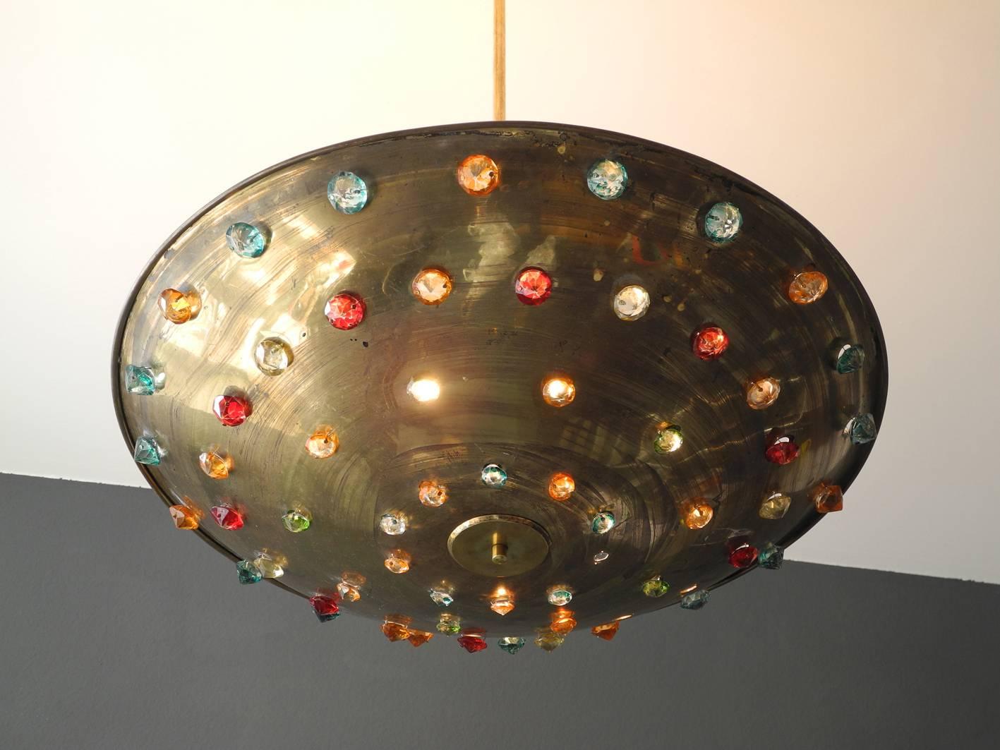 Italian Huge Extra Large Midcentury Brass Ceiling Lamp with Colorful Glass Stones