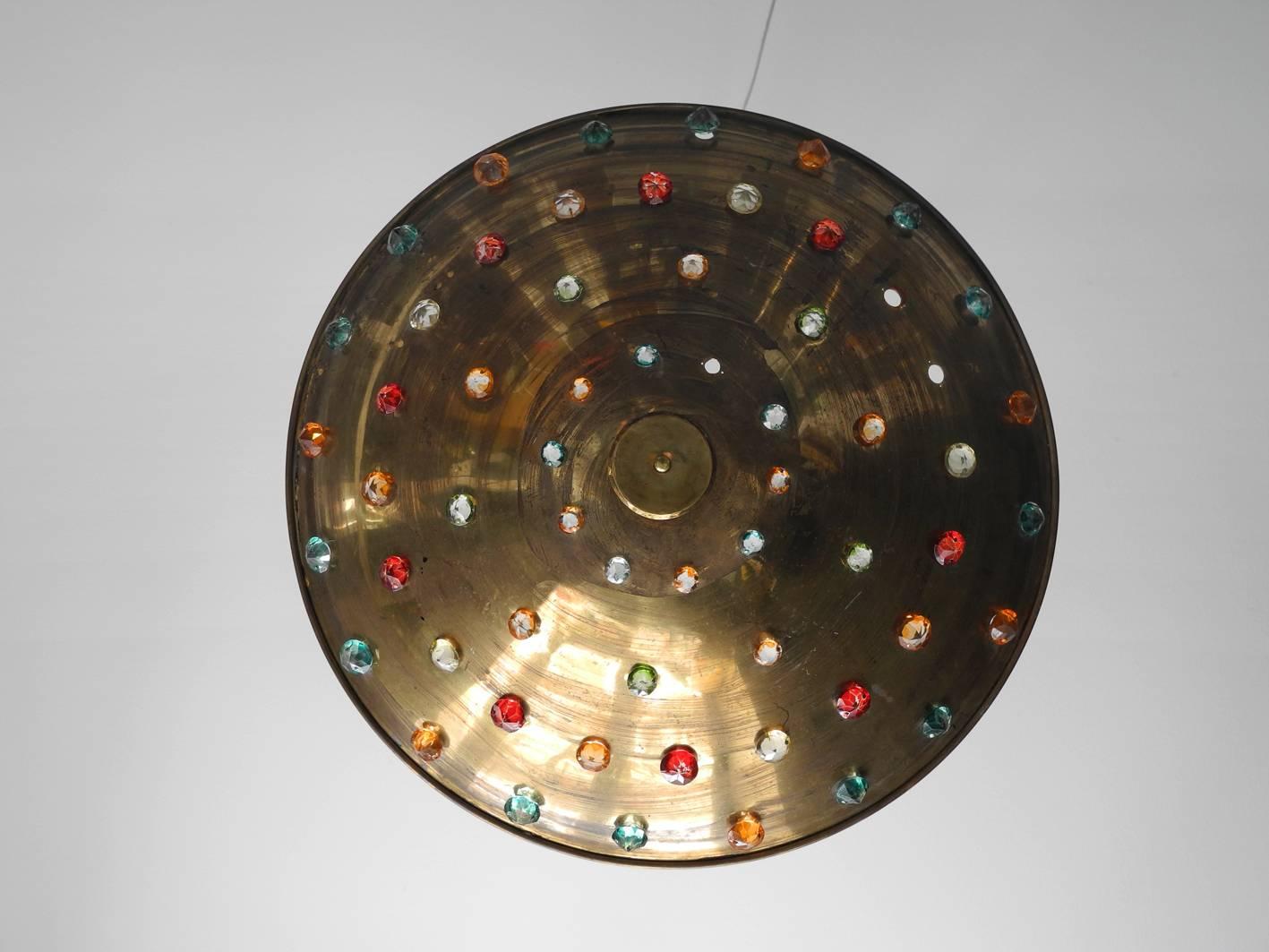 Huge Extra Large Midcentury Brass Ceiling Lamp with Colorful Glass Stones In Good Condition In München, DE