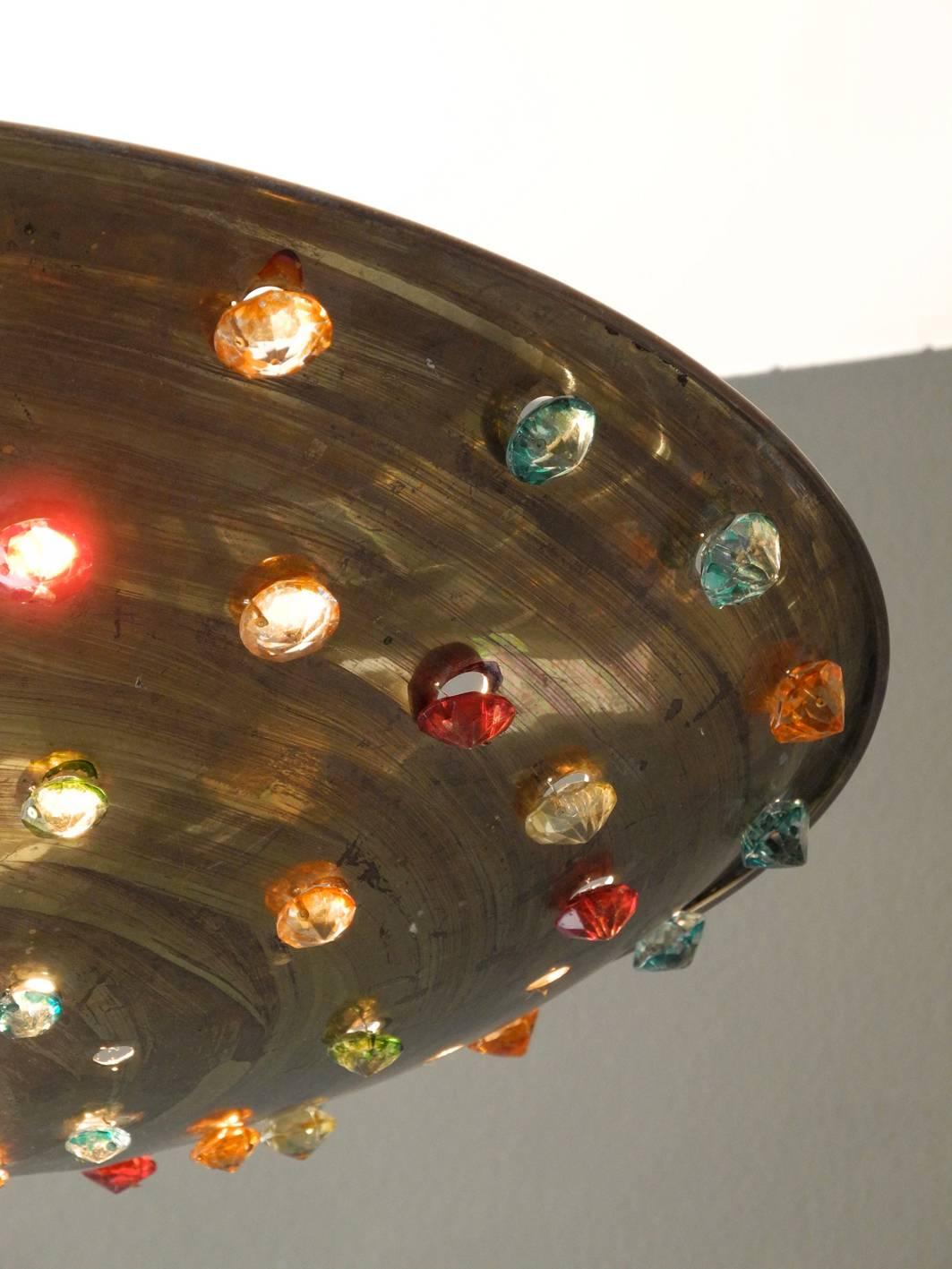 Mid-20th Century Huge Extra Large Midcentury Brass Ceiling Lamp with Colorful Glass Stones