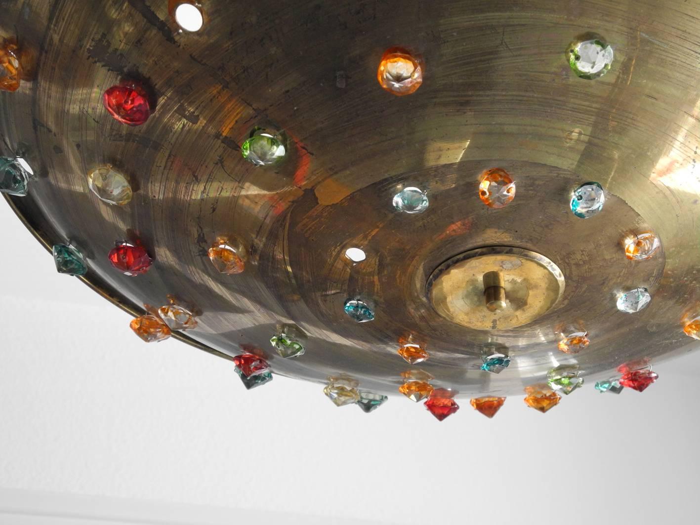 Huge Extra Large Midcentury Brass Ceiling Lamp with Colorful Glass Stones 2