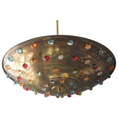 Huge Extra Large Midcentury Brass Ceiling Lamp with Colorful Glass Stones