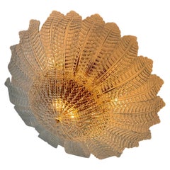 Huge Flat Murano Chandelier Flush Mount with Feather Prisms in Clear Glass