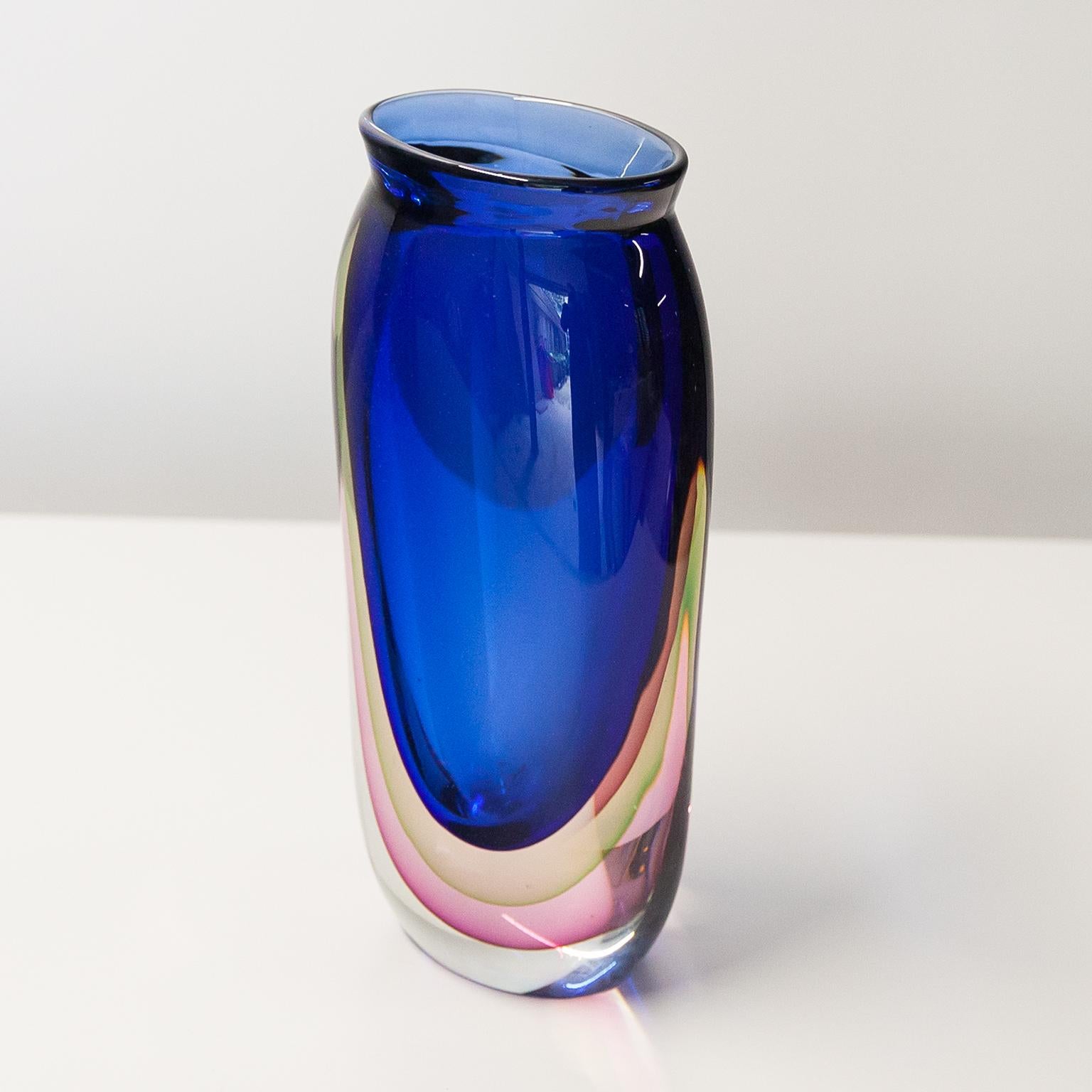 Mid-Century Modern Huge Flavio Poli Blue Yellow Pink Vase 1960s For Sale
