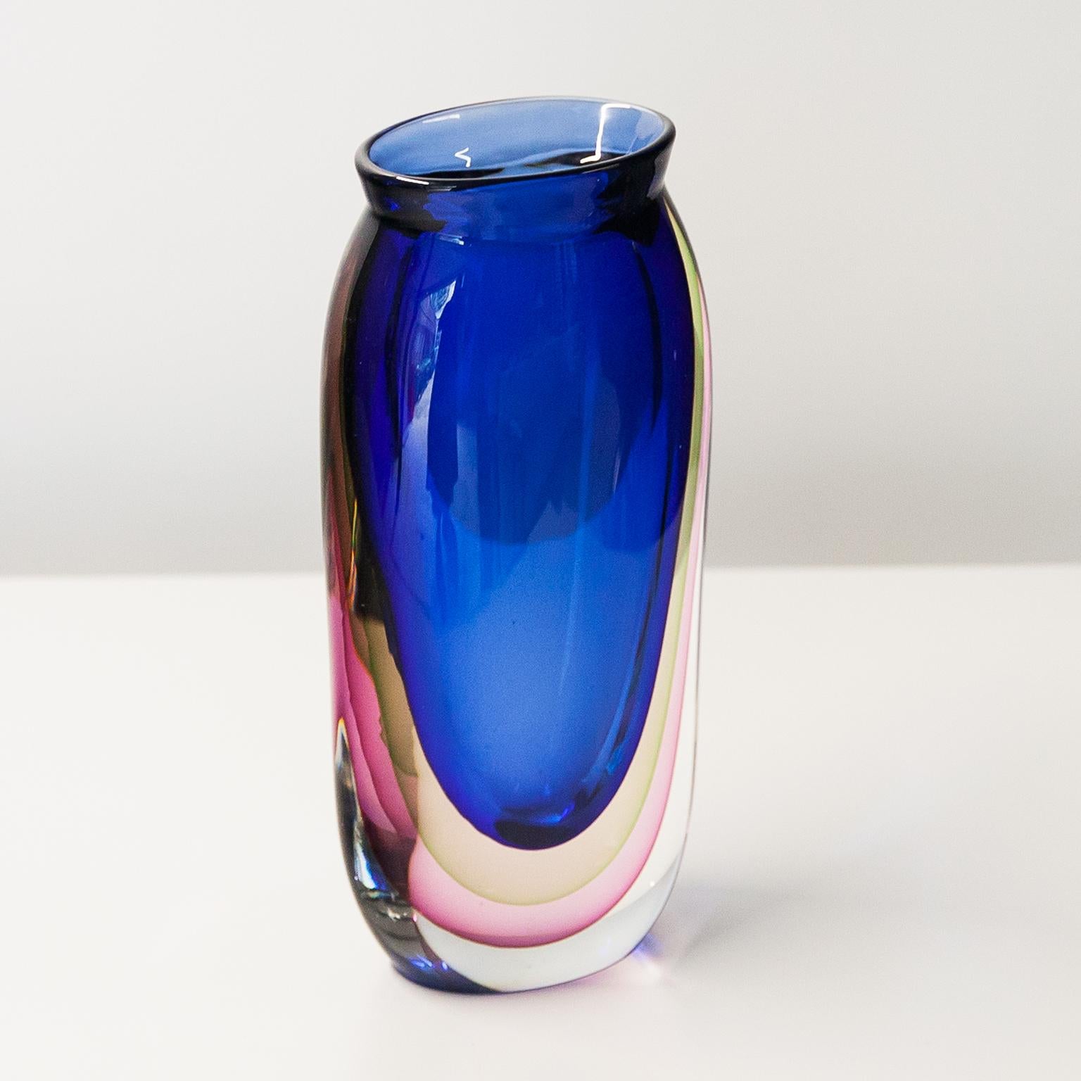 Italian Huge Flavio Poli Blue Yellow Pink Vase 1960s For Sale