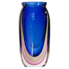 Huge Flavio Poli Blue Yellow Pink Vase 1960s