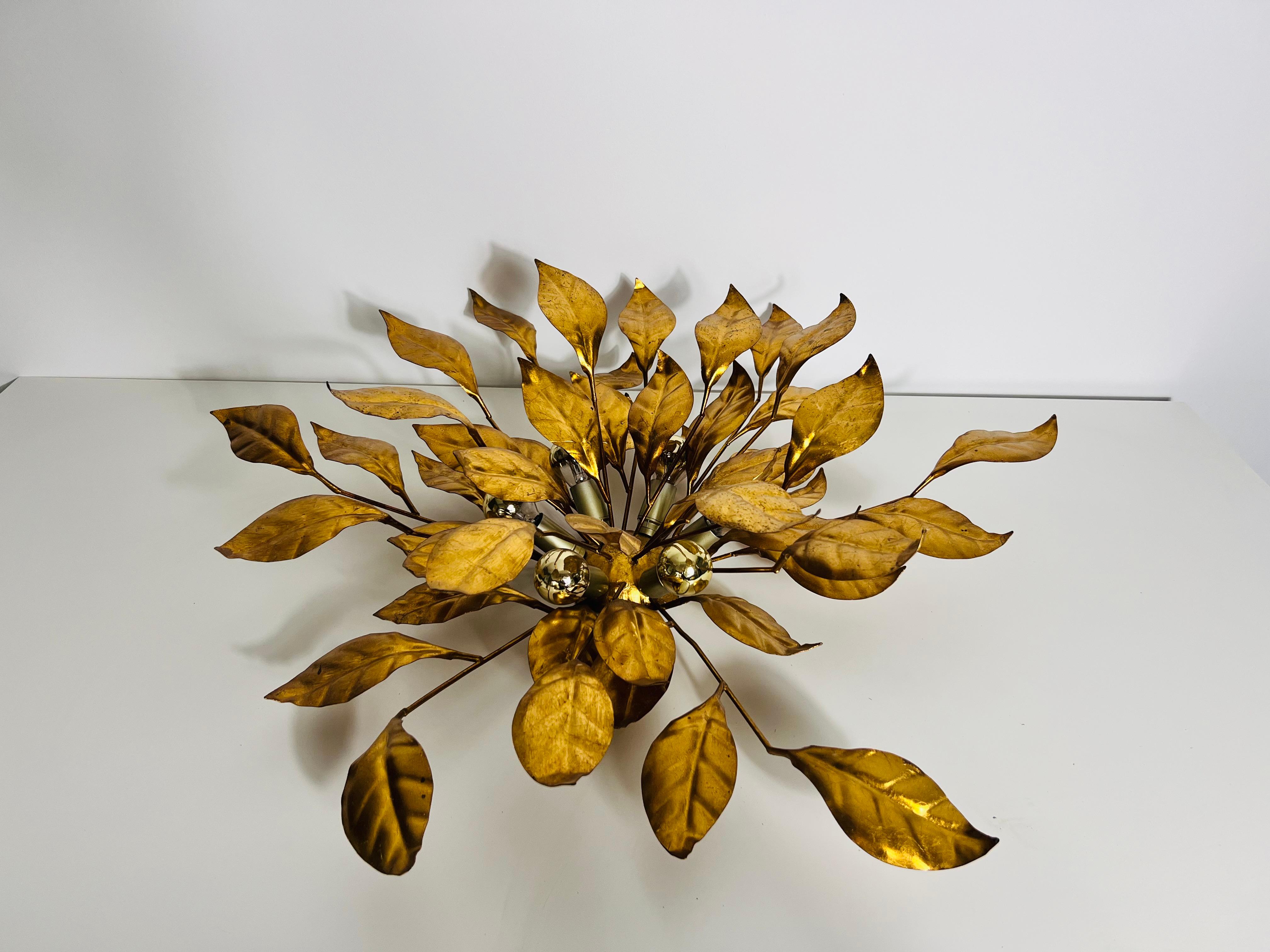 Hand-Crafted Huge Florentine Flower Shape Wall Lamp by Hans Kögl, Germany, 1950s