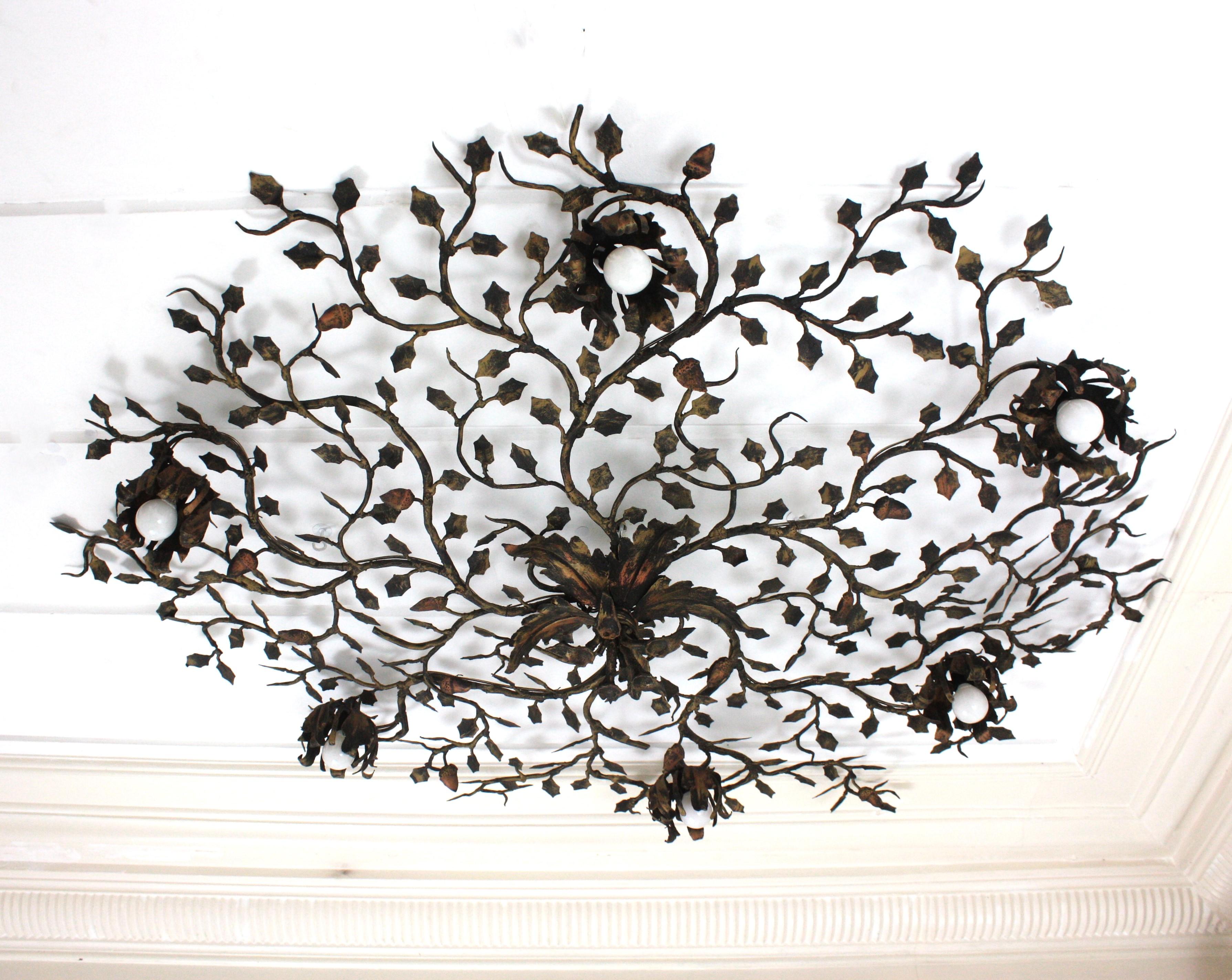 Énorme luminaire à fleur de feuillage, fer forgé doré, 56 in en vente 2