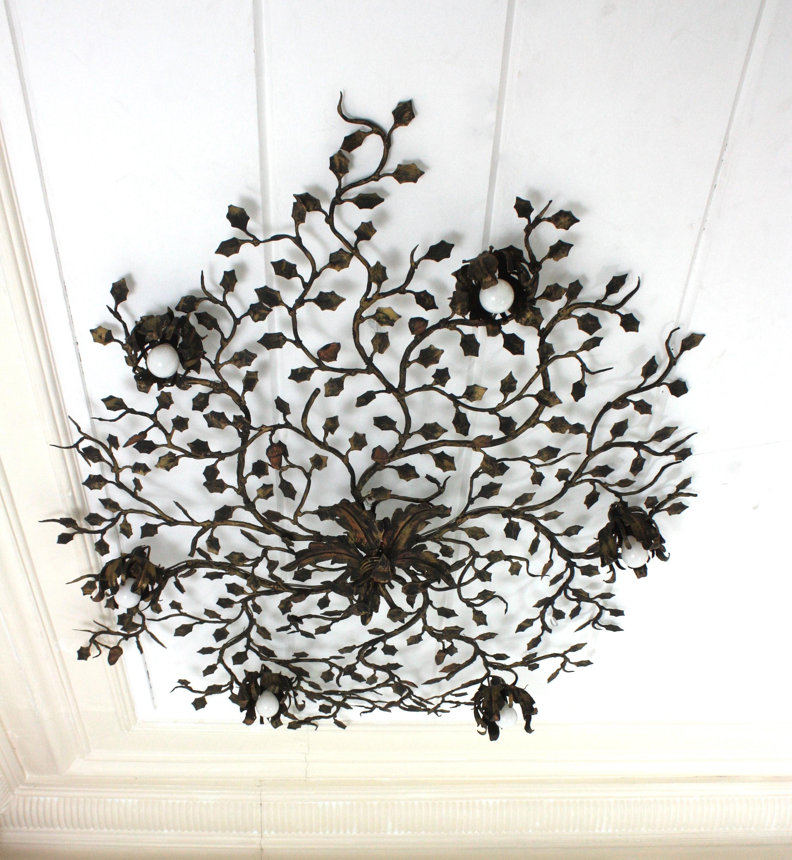 Énorme luminaire à fleur de feuillage, fer forgé doré, 56 in en vente 9