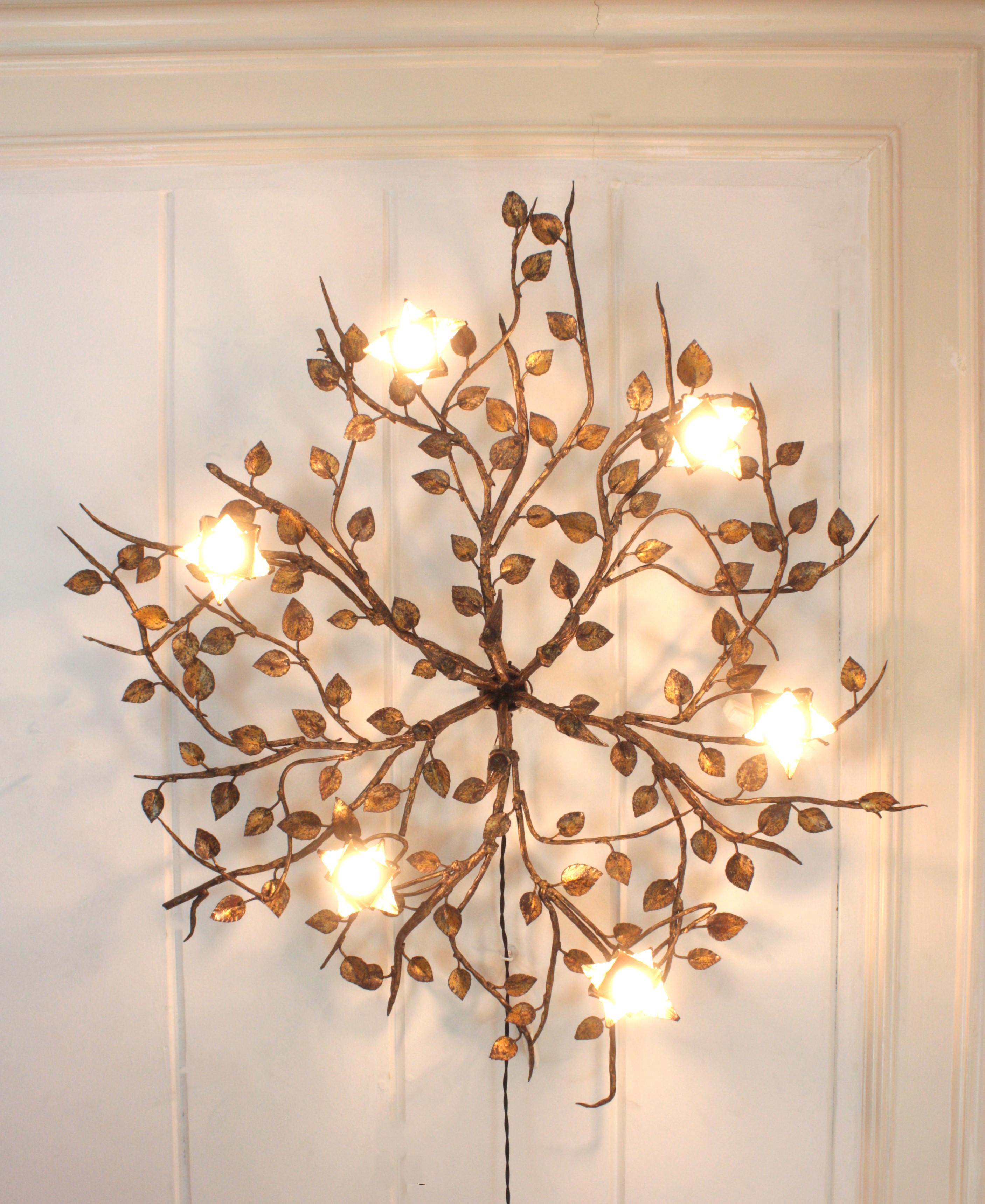 Huge Foliage Floral Flush Mount Light Fixture in Gilt Wrought Iron For Sale 5