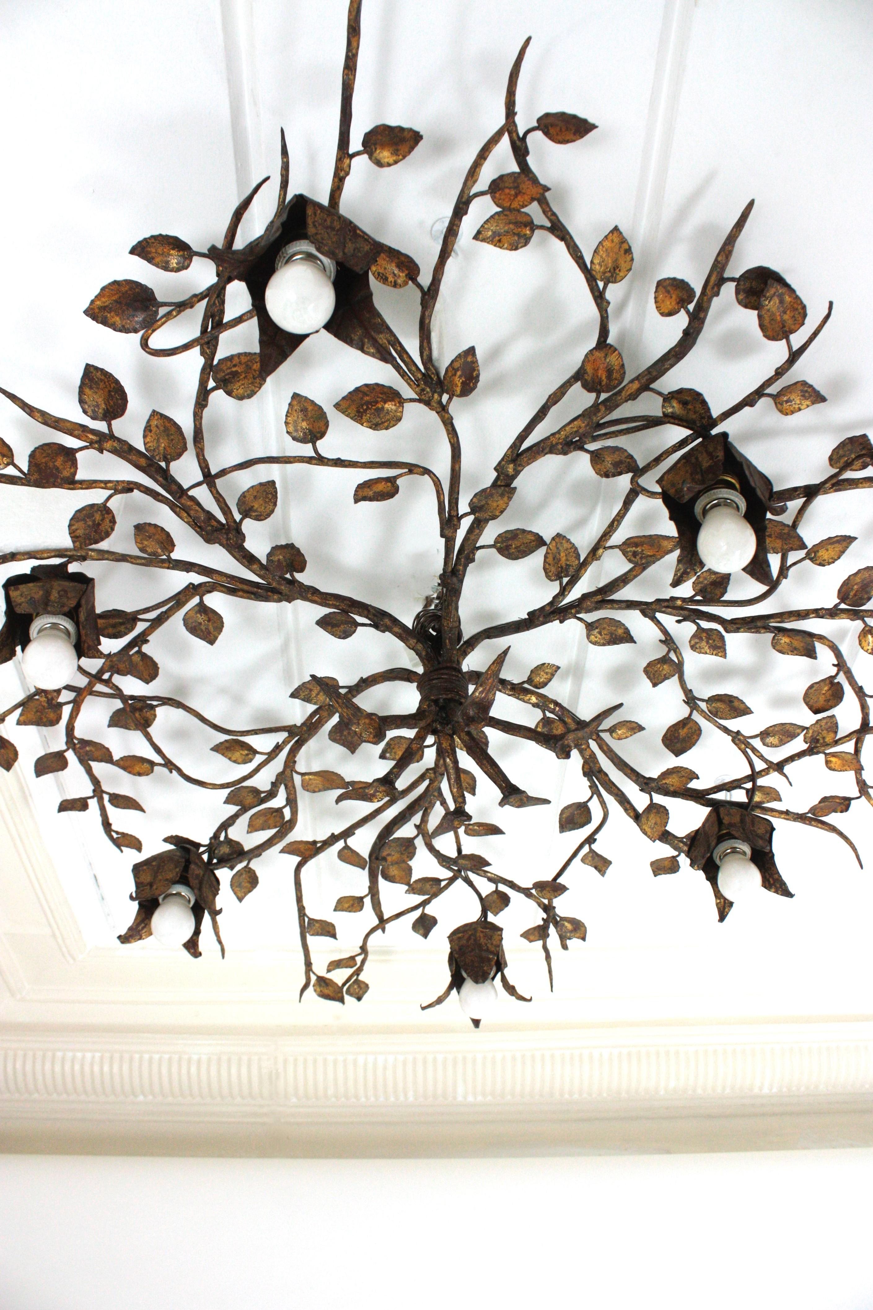 Huge Foliage Floral Flush Mount Light Fixture in Gilt Wrought Iron For Sale 6