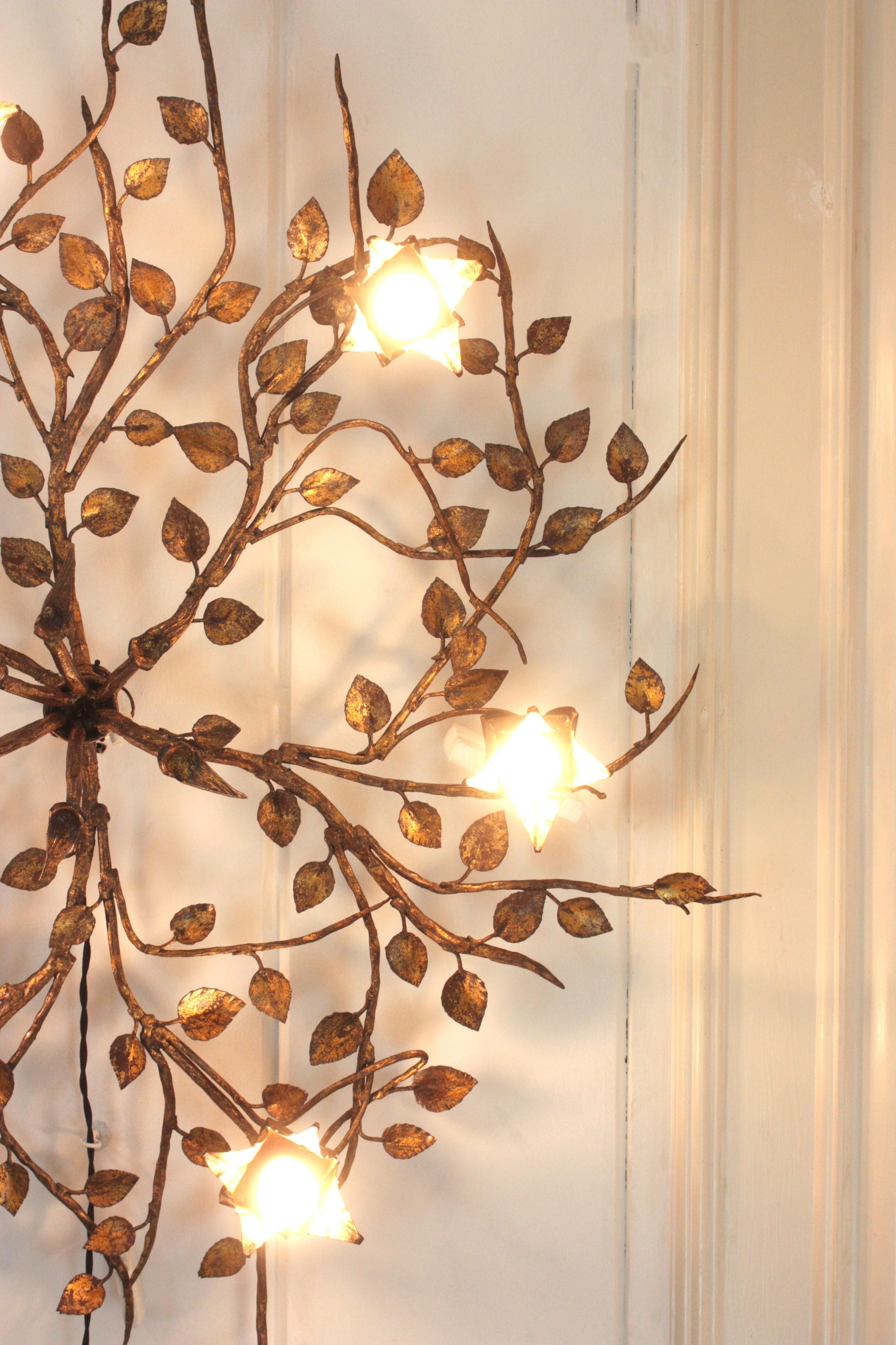 Huge Foliage Floral Flush Mount Light Fixture in Gilt Wrought Iron For Sale 7