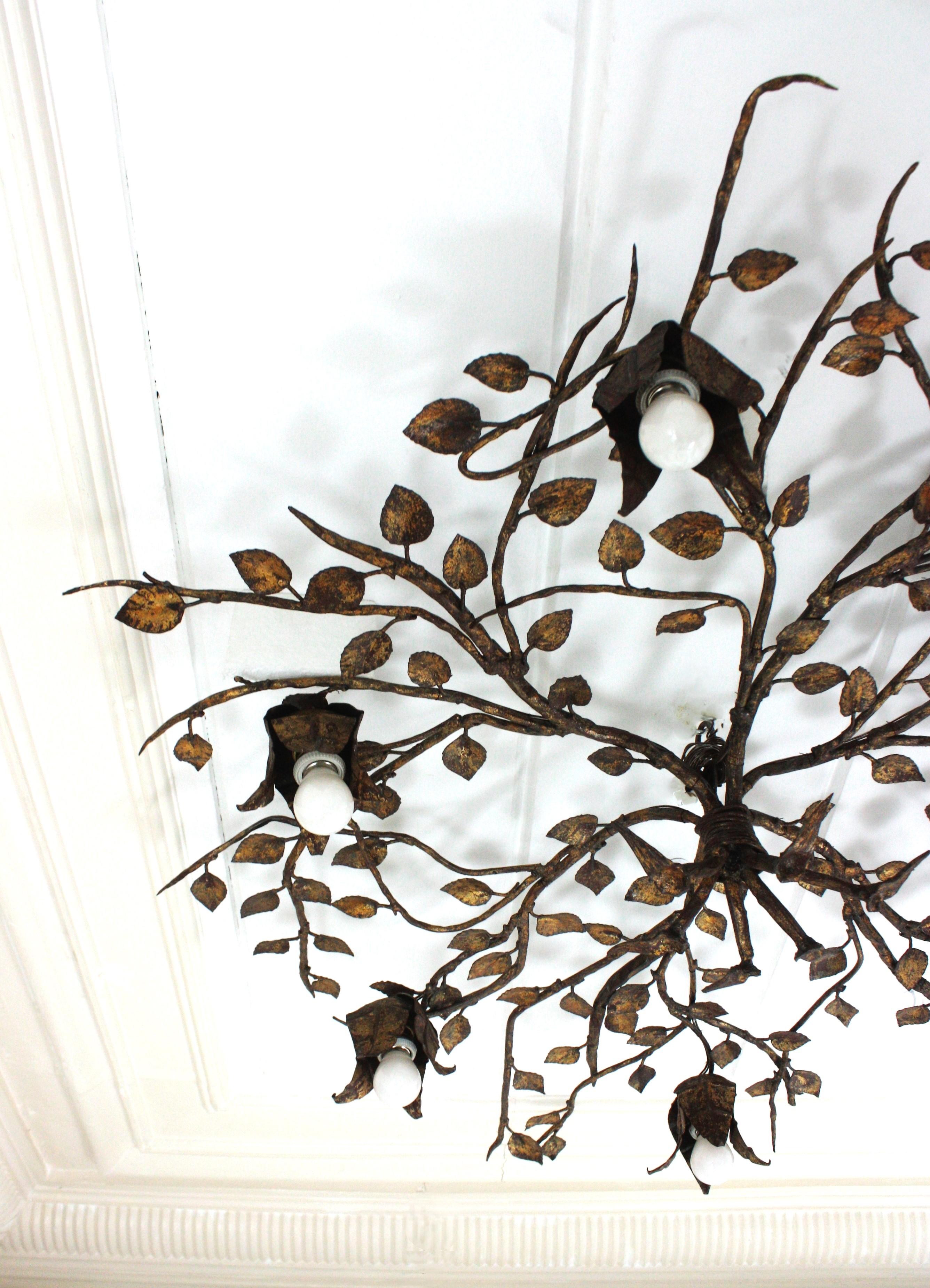 Huge Foliage Floral Flush Mount Light Fixture in Gilt Wrought Iron For Sale 9