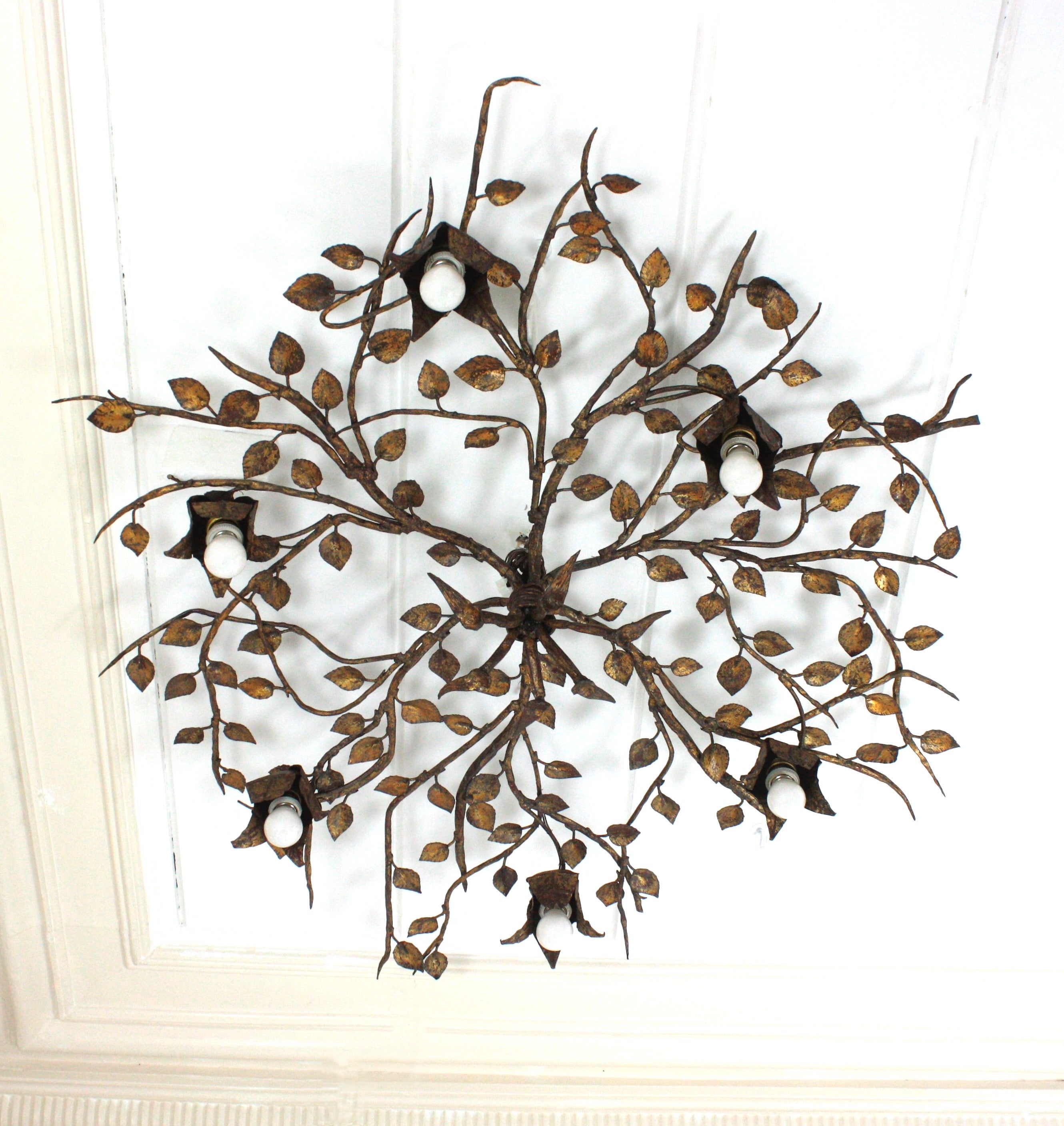 Mid-Century Modern Huge Foliage Floral Flush Mount Light Fixture in Gilt Wrought Iron For Sale