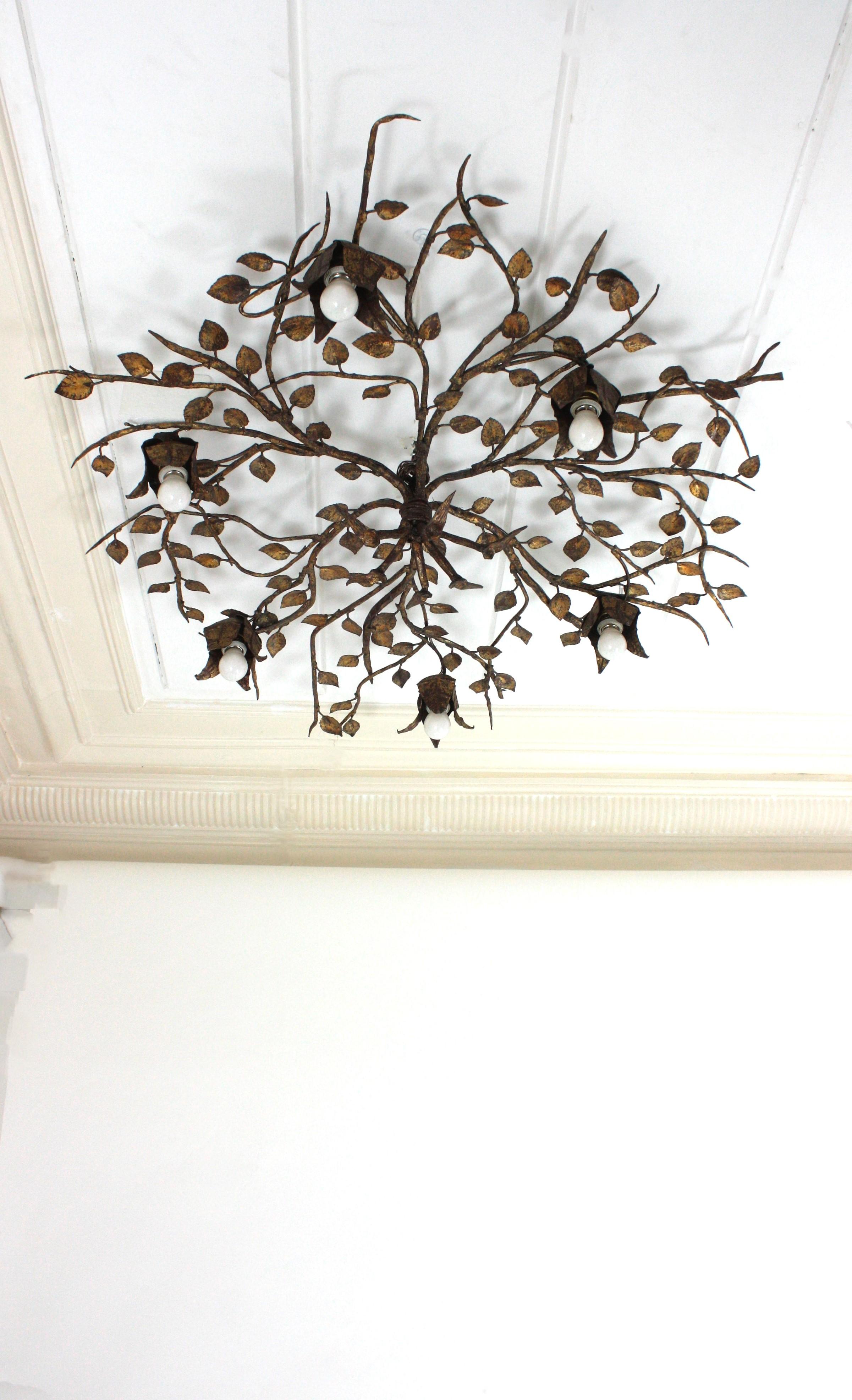 20th Century Huge Foliage Floral Flush Mount Light Fixture in Gilt Wrought Iron For Sale