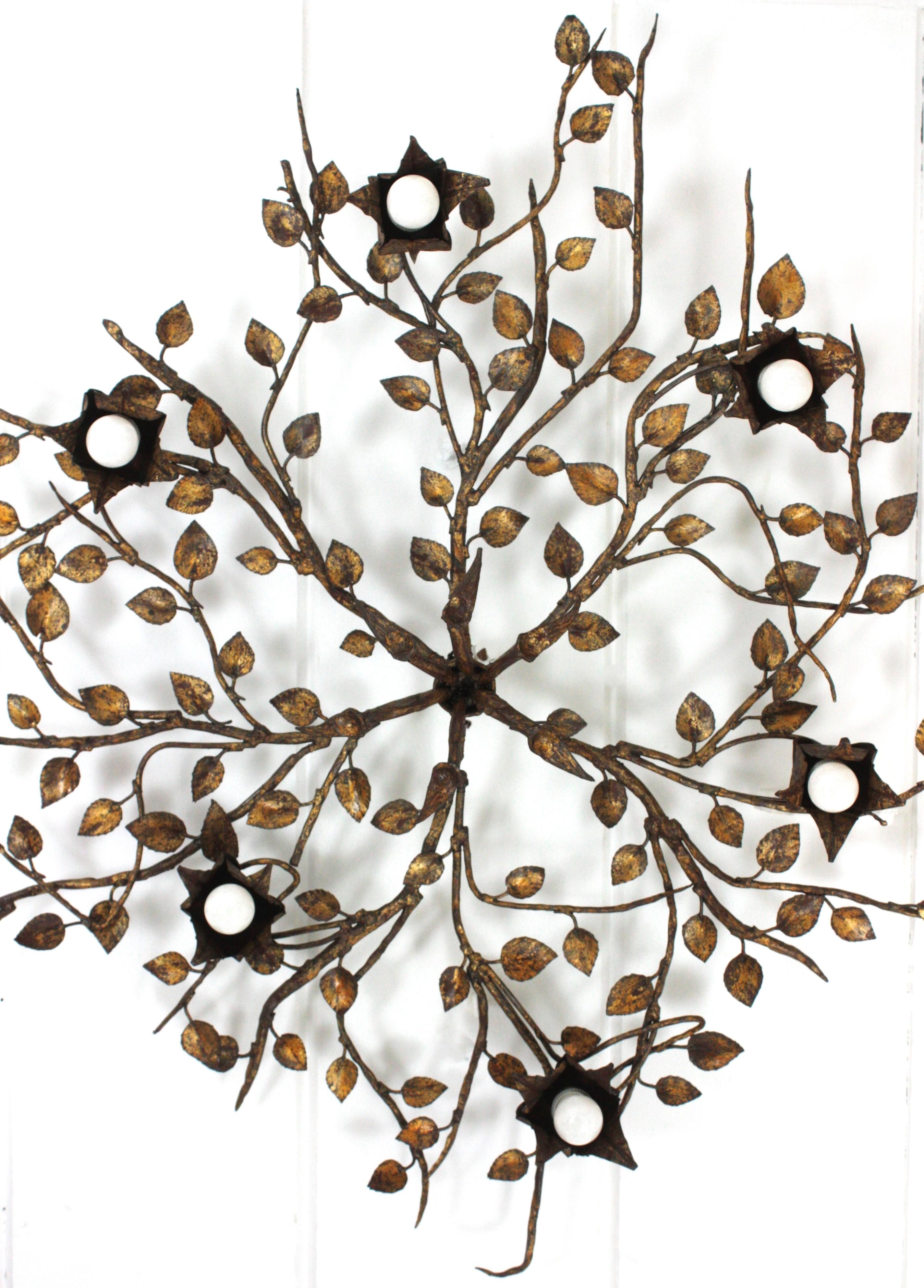 20th Century Huge Foliage Floral Flush Mount Light Fixture in Gilt Iron For Sale