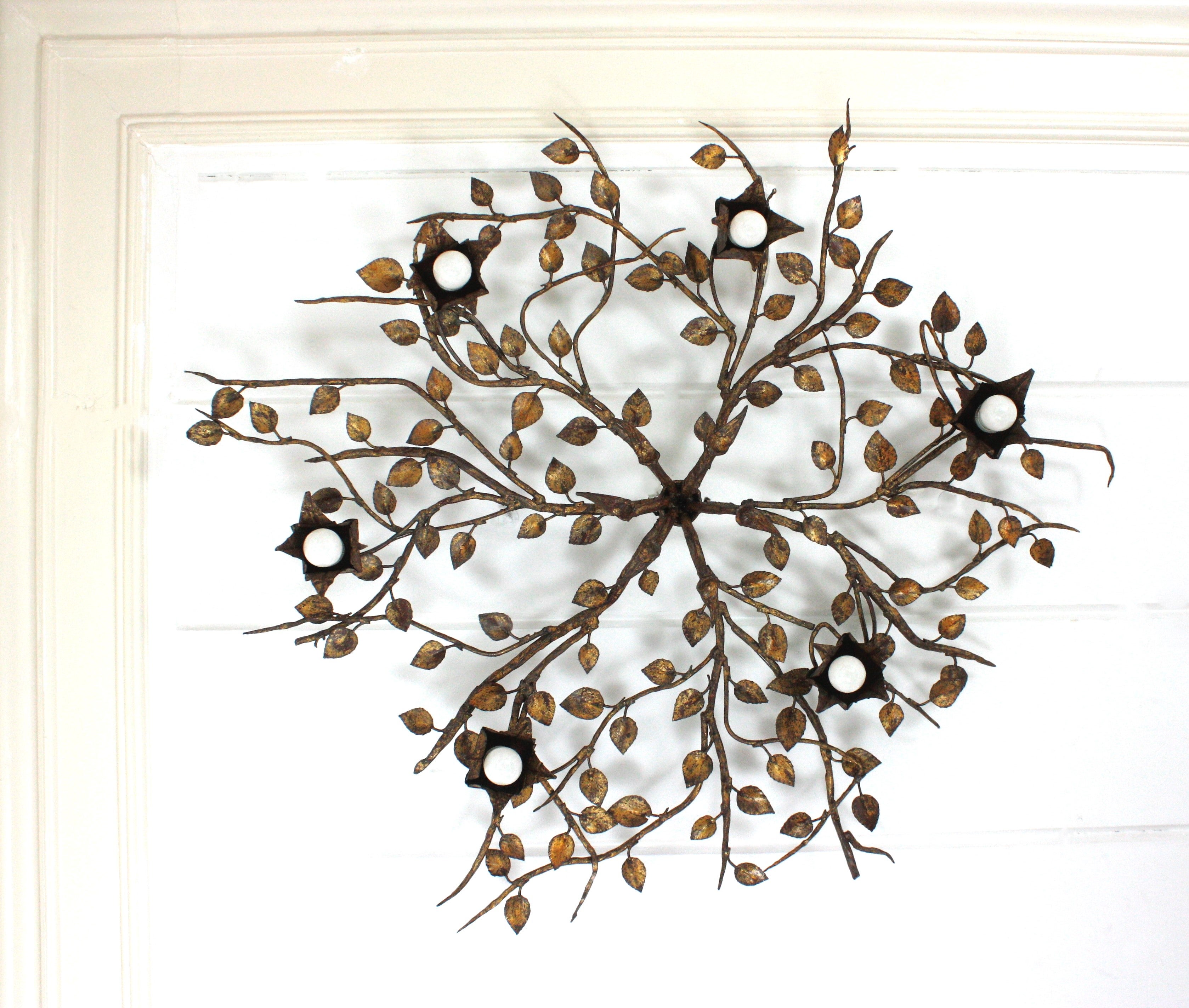 Huge Foliage Floral Flush Mount Light Fixture in Gilt Wrought Iron For Sale 2