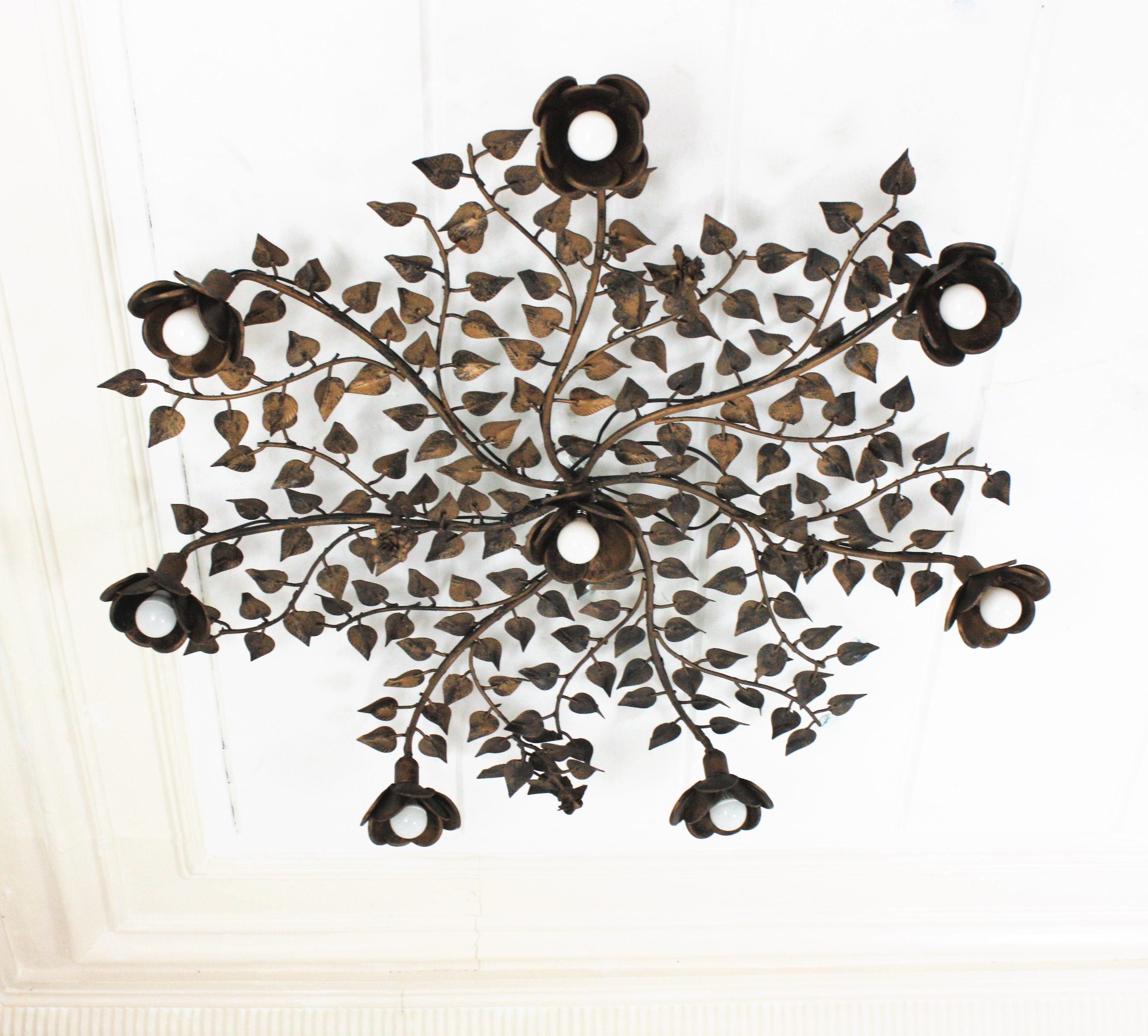 Huge Foliage Floral Flush Mount Light Fixture in Gilt Metal 4
