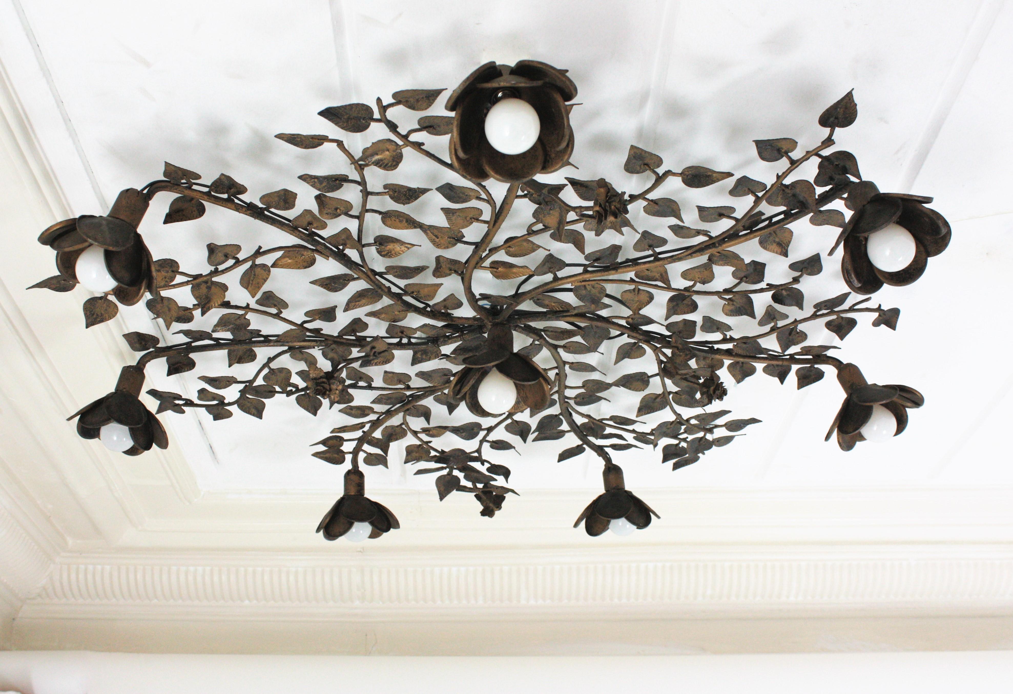 Huge Foliage Floral Flush Mount Light Fixture in Gilt Metal 5