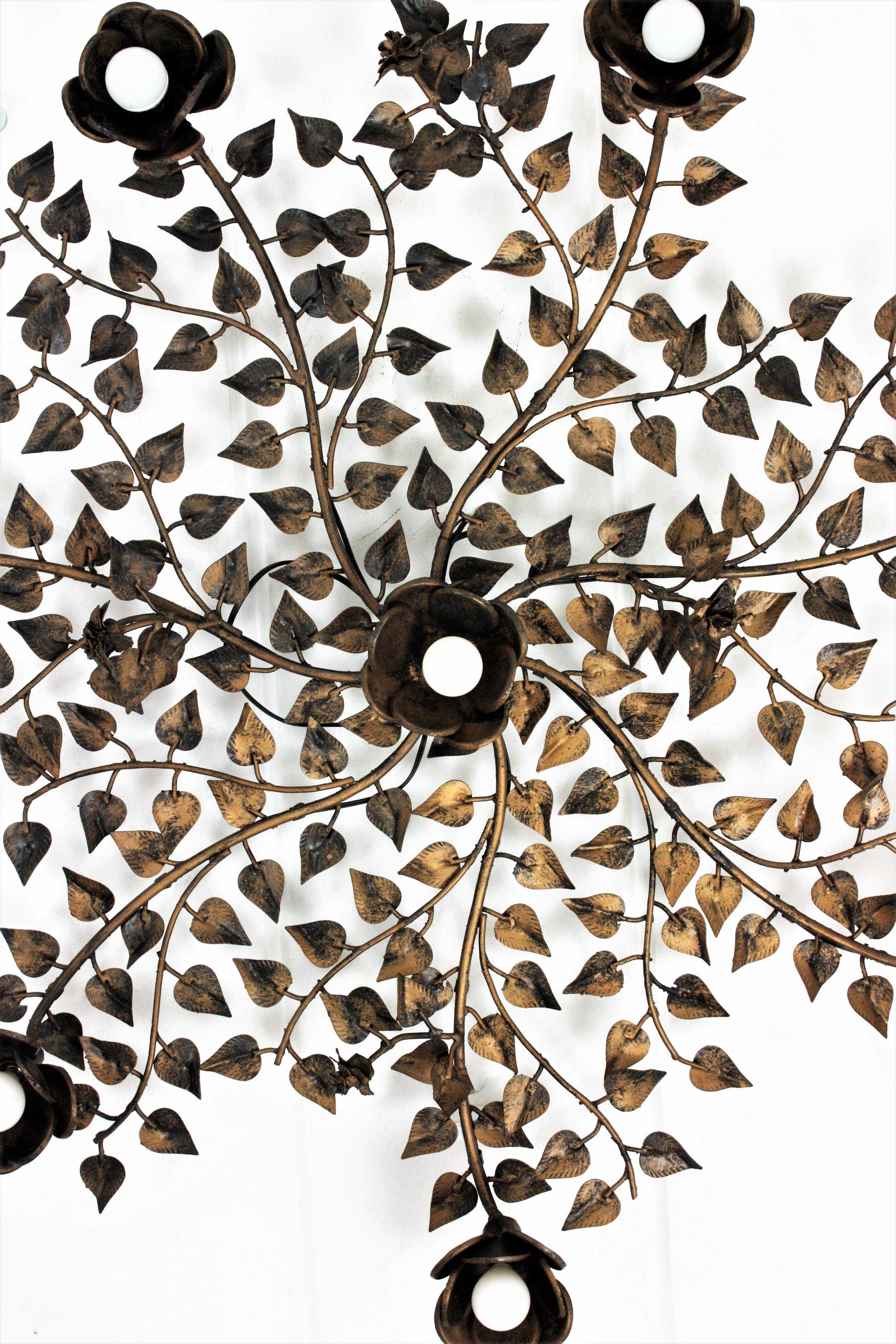 Huge Foliage Floral Flush Mount Light Fixture in Gilt Metal 7