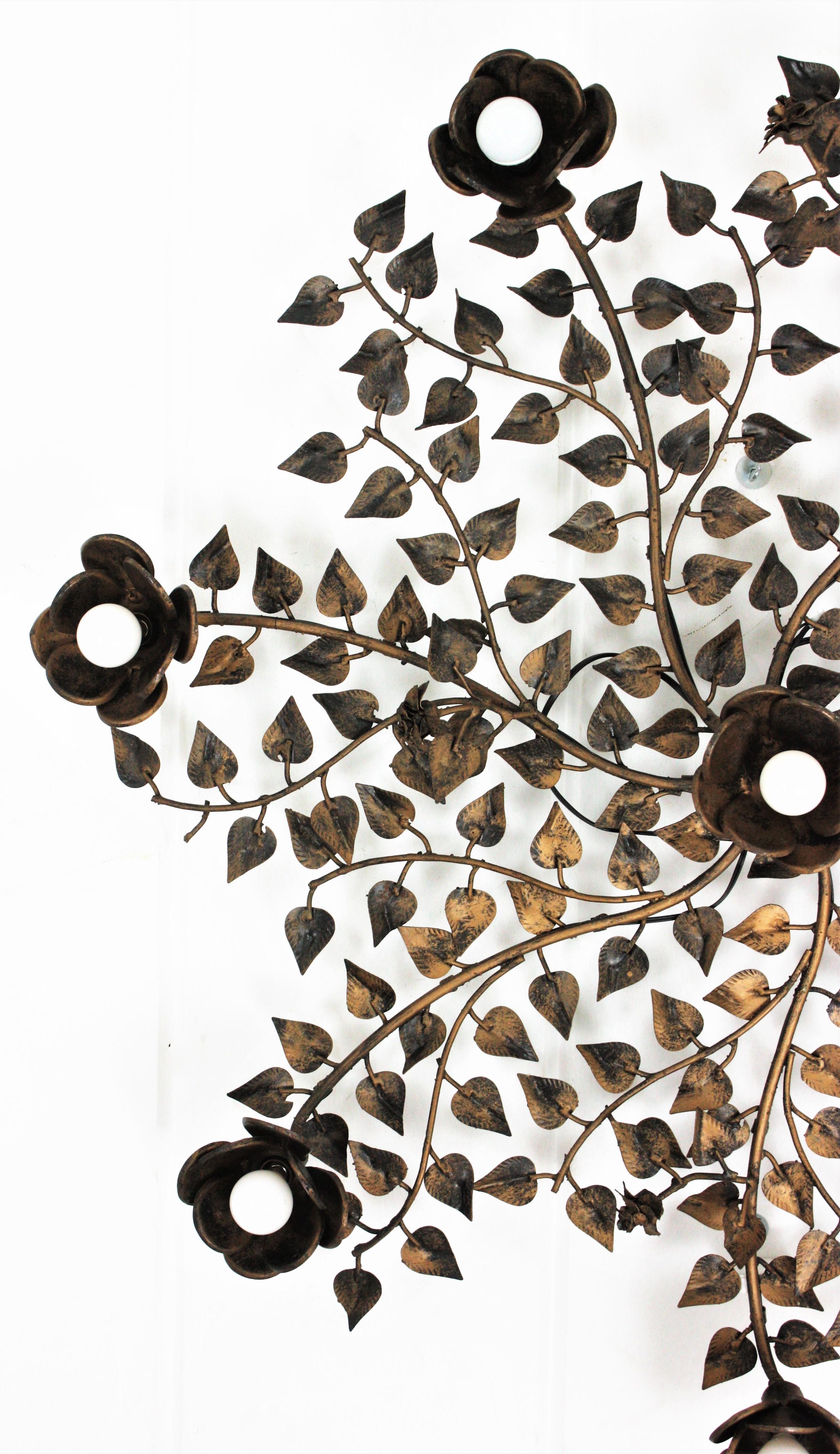 Huge Foliage Floral Flush Mount Light Fixture in Gilt Metal 8