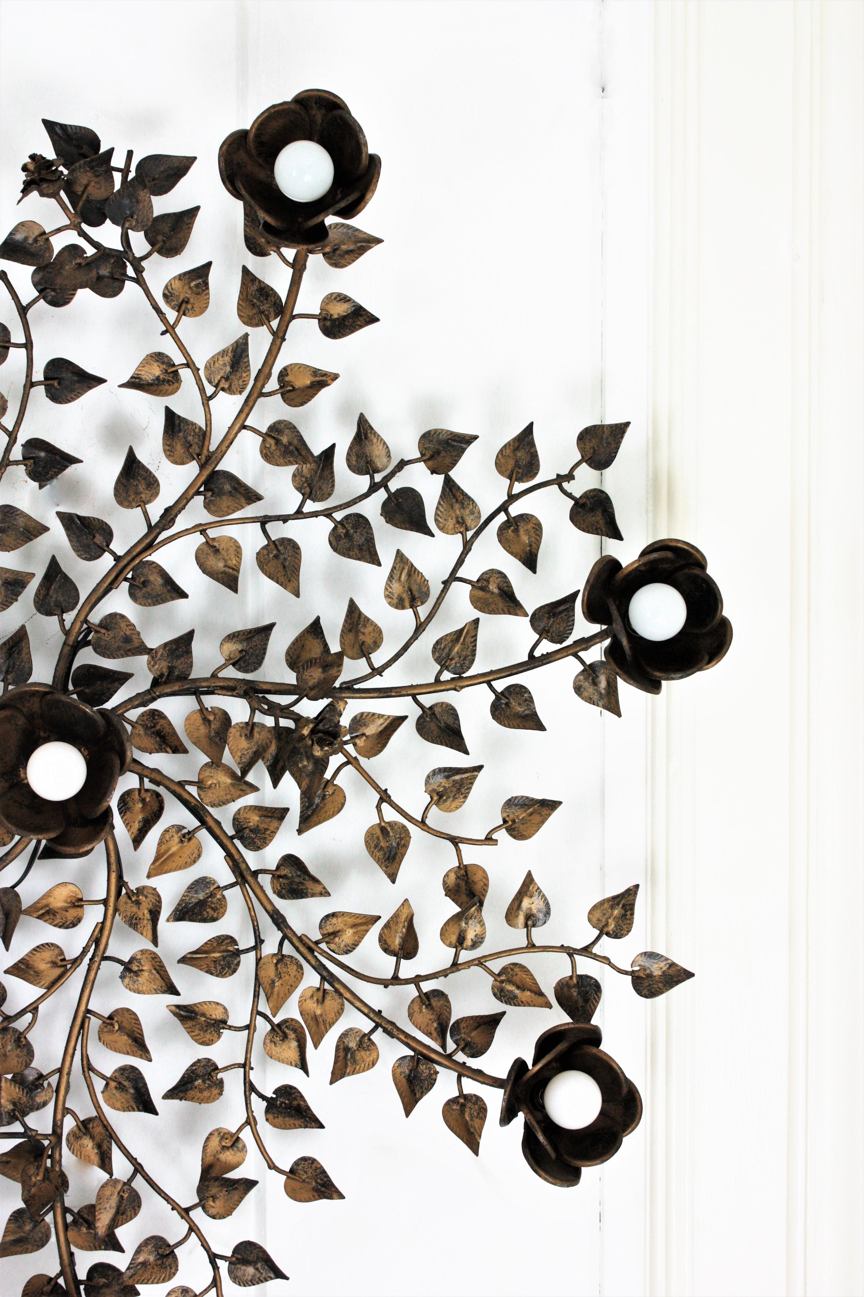 Huge Foliage Floral Flush Mount Light Fixture in Gilt Metal 9