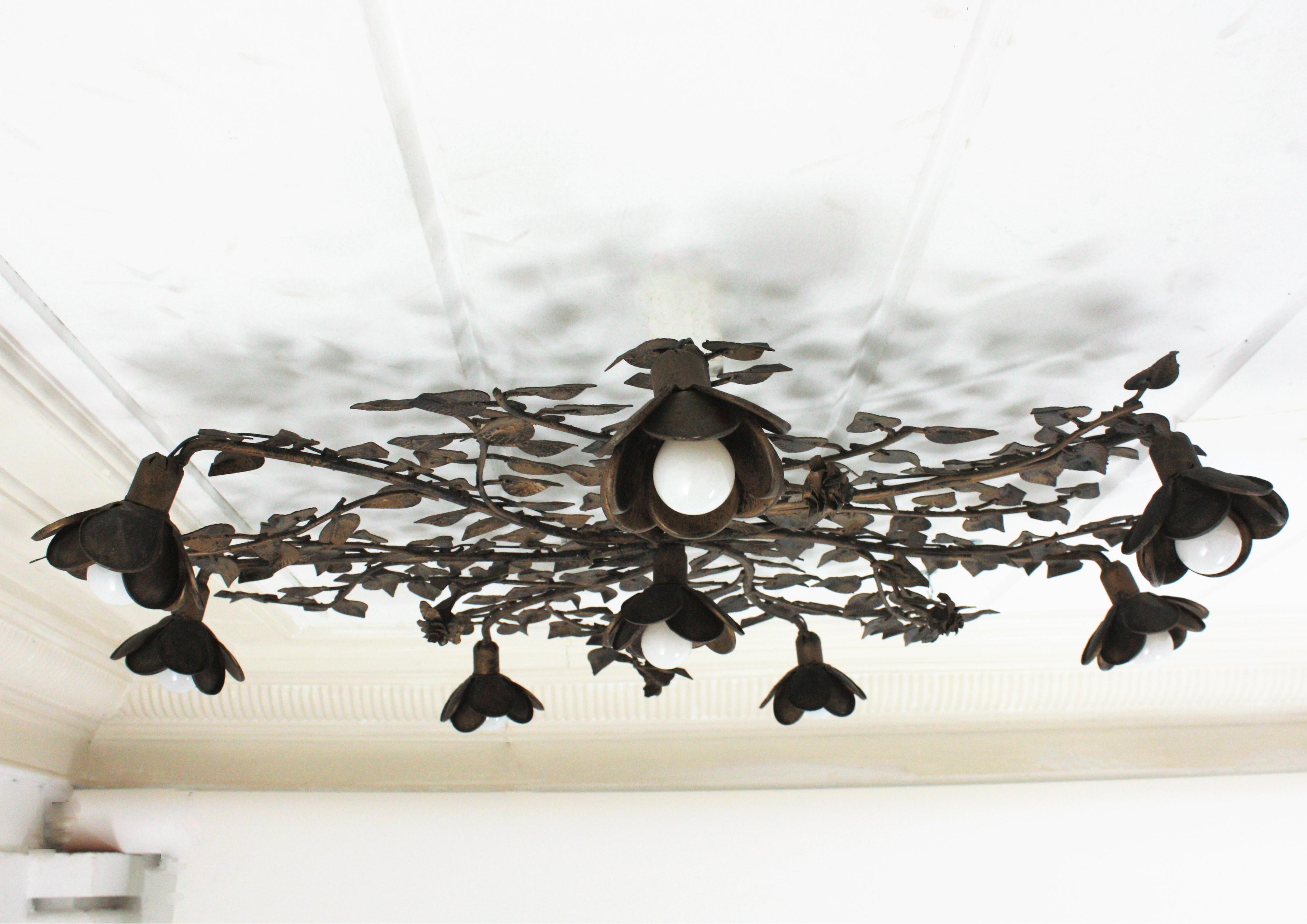 Huge Foliage Floral Flush Mount Light Fixture in Gilt Metal 13