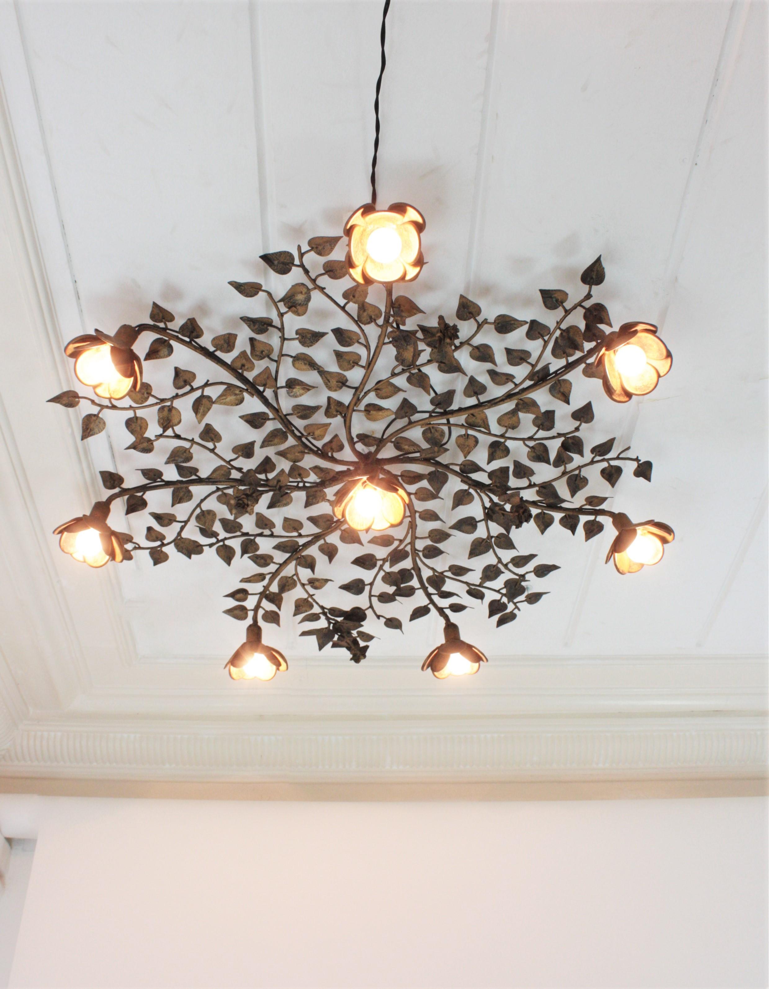 Mid-Century Modern Huge Foliage Floral Flush Mount Light Fixture in Gilt Metal