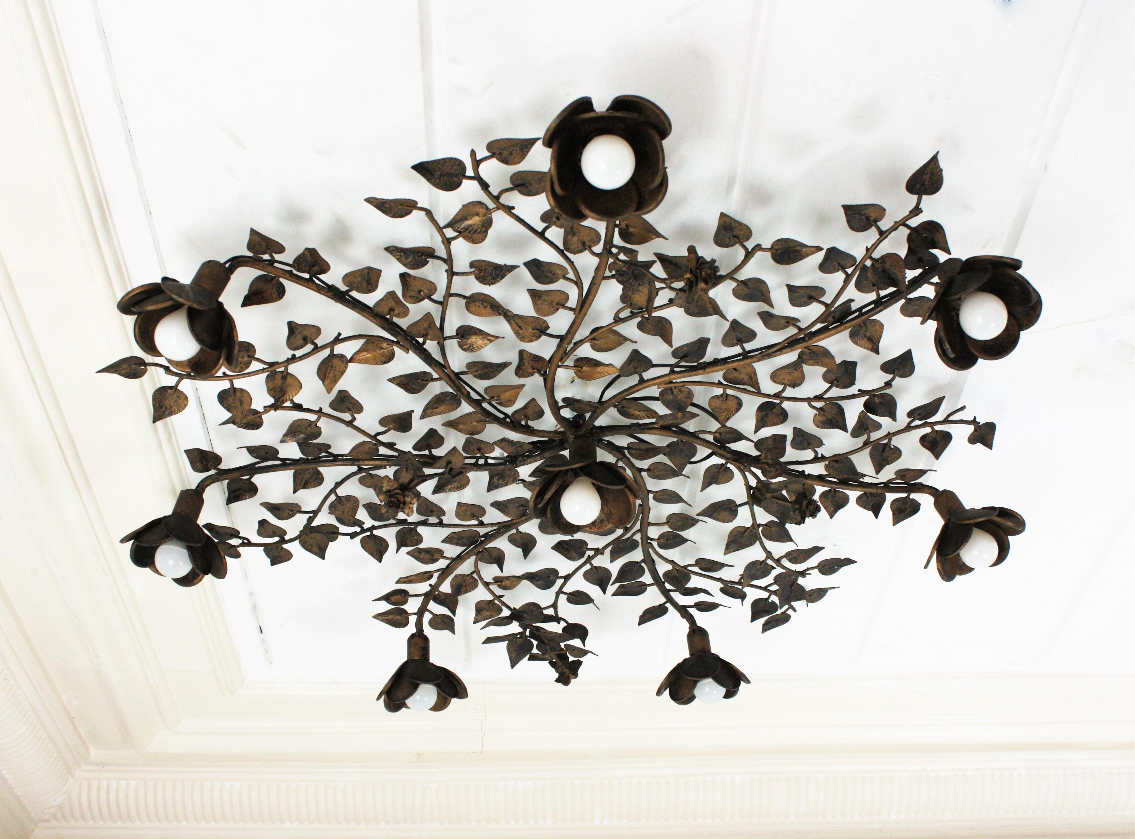 Spanish Huge Foliage Floral Flush Mount Light Fixture in Gilt Metal