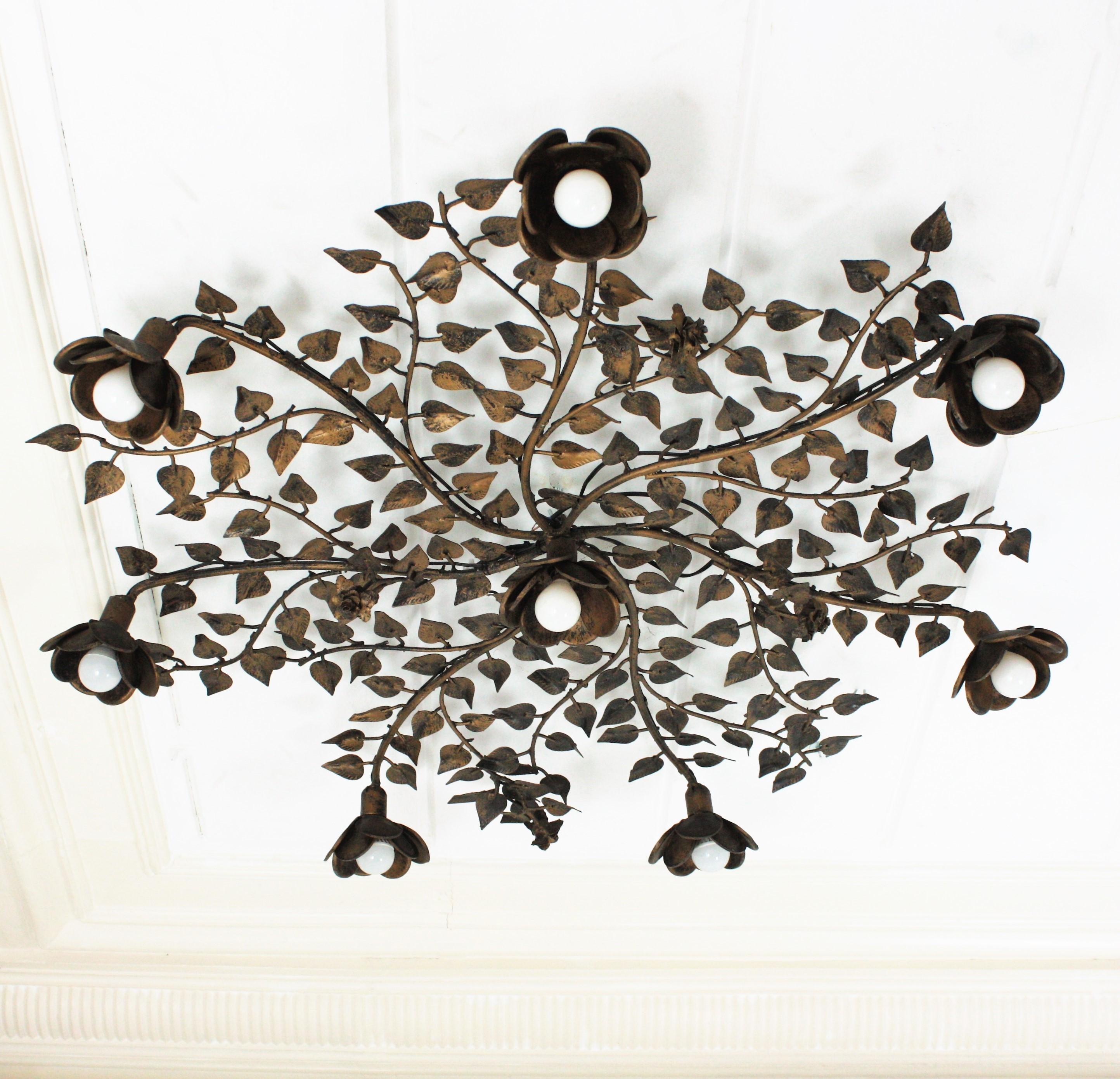 20th Century Huge Foliage Floral Flush Mount Light Fixture in Gilt Metal