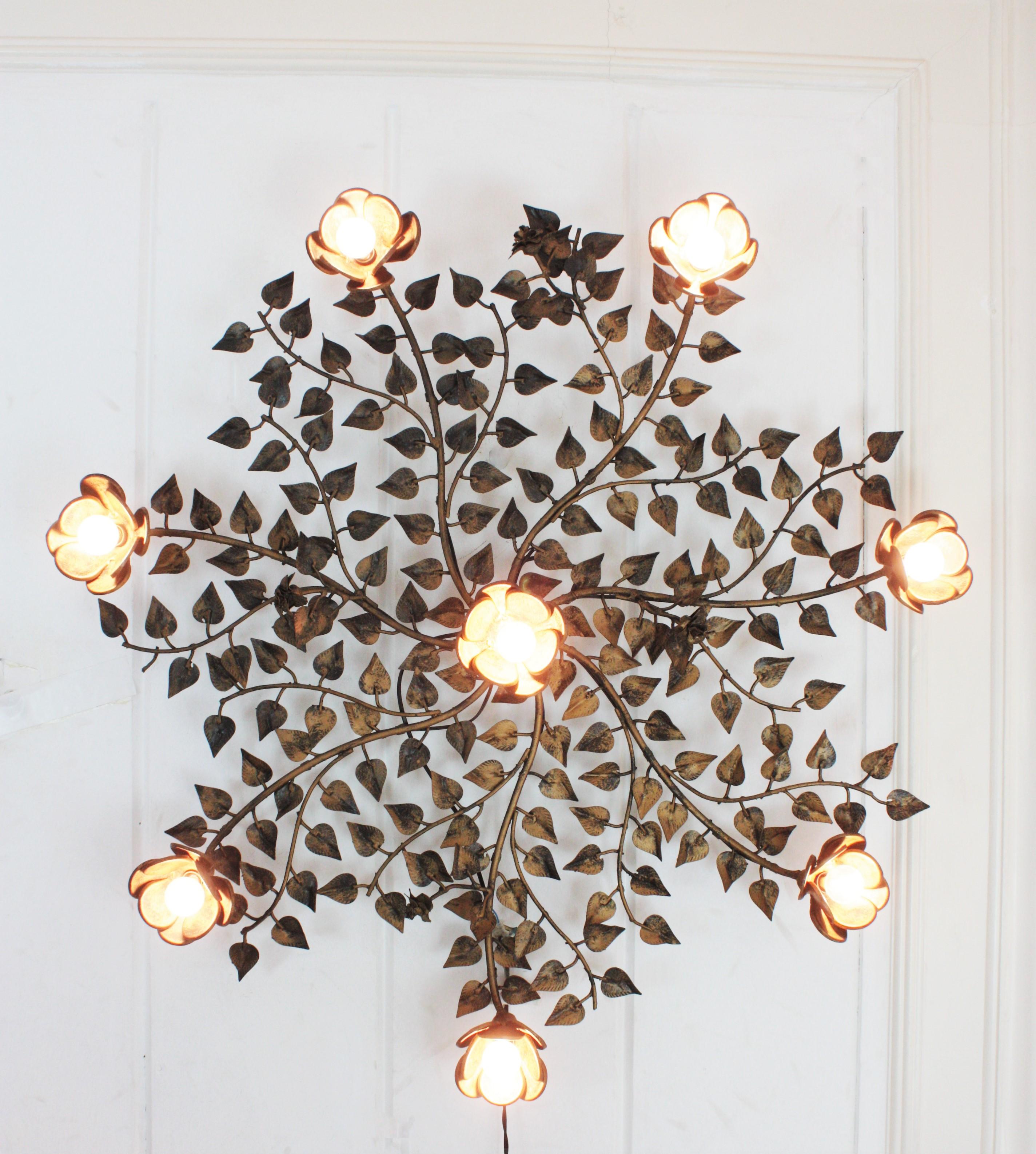 Huge Foliage Floral Flush Mount Light Fixture in Gilt Metal 1