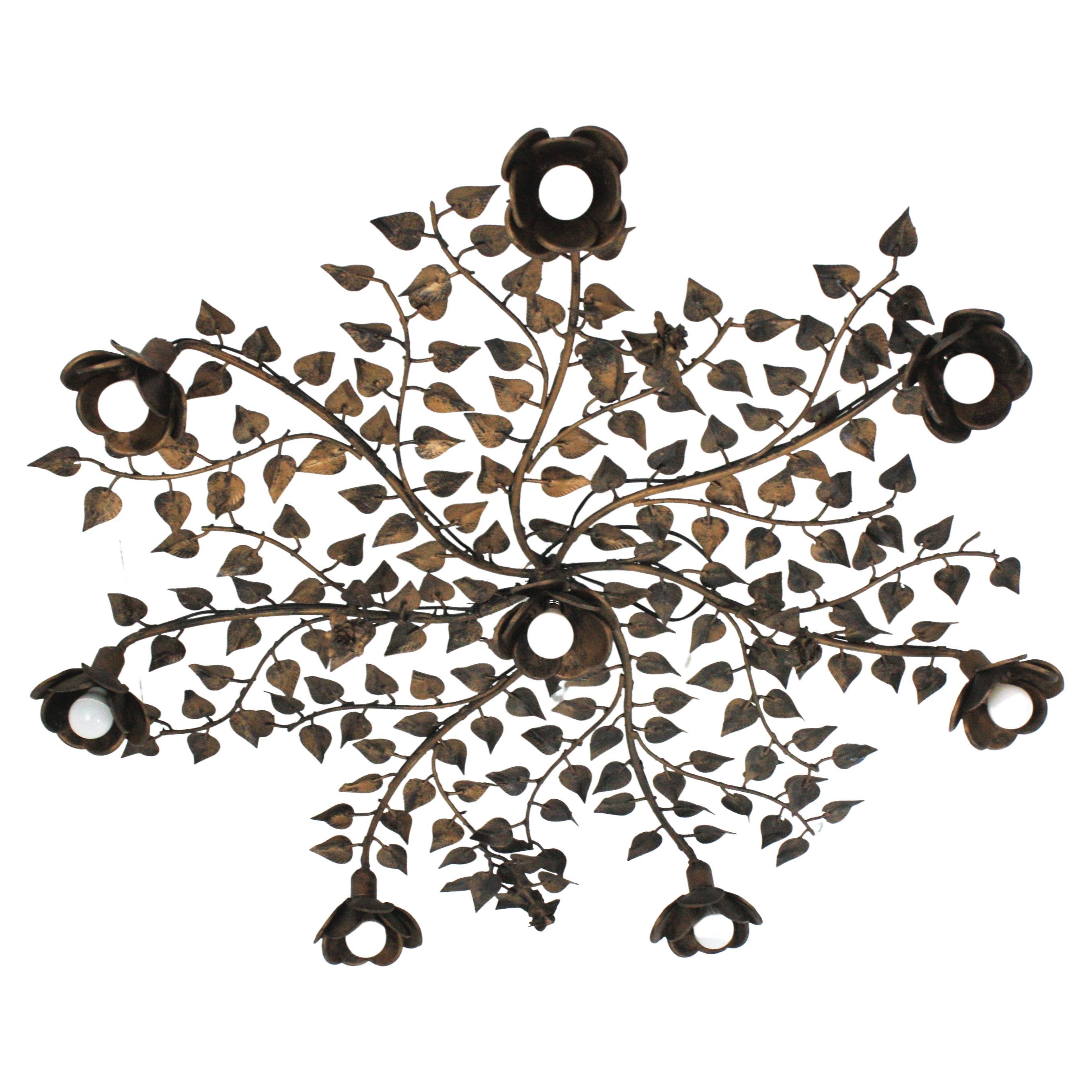 Huge Foliage Floral Flush Mount Light Fixture in Gilt Metal