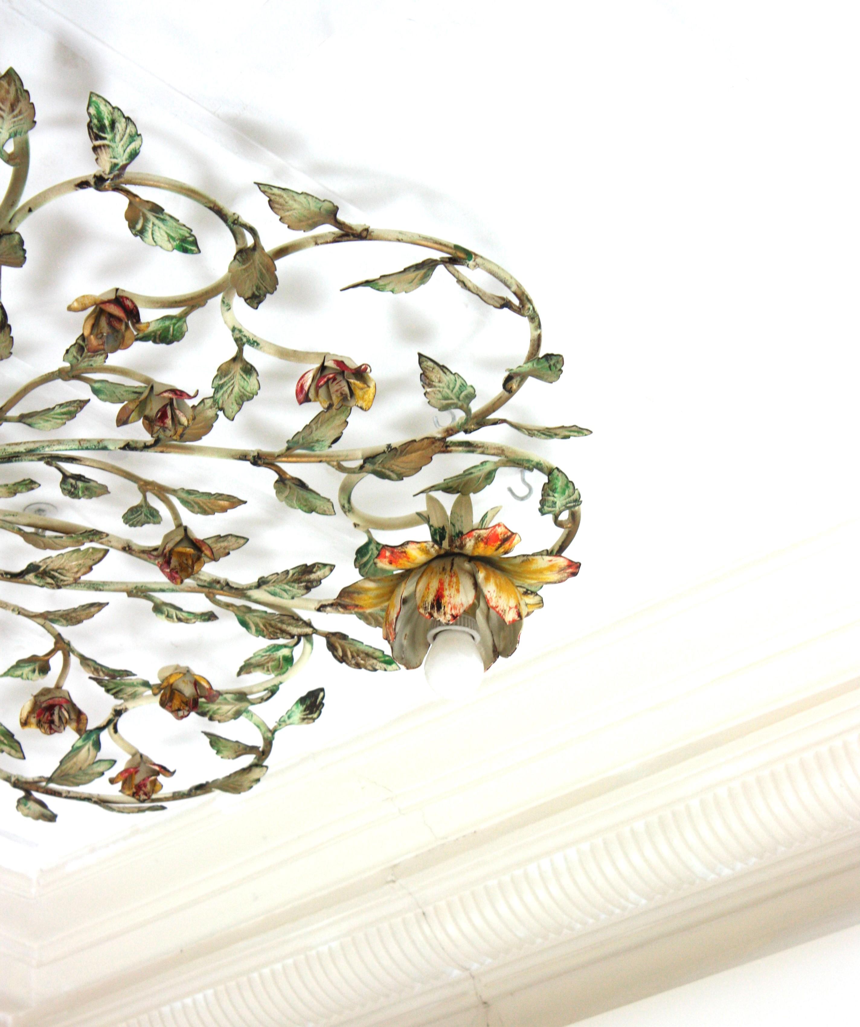 Énorme luminaire à fleur de feuillage en fer polychrome, 47 po en vente 5