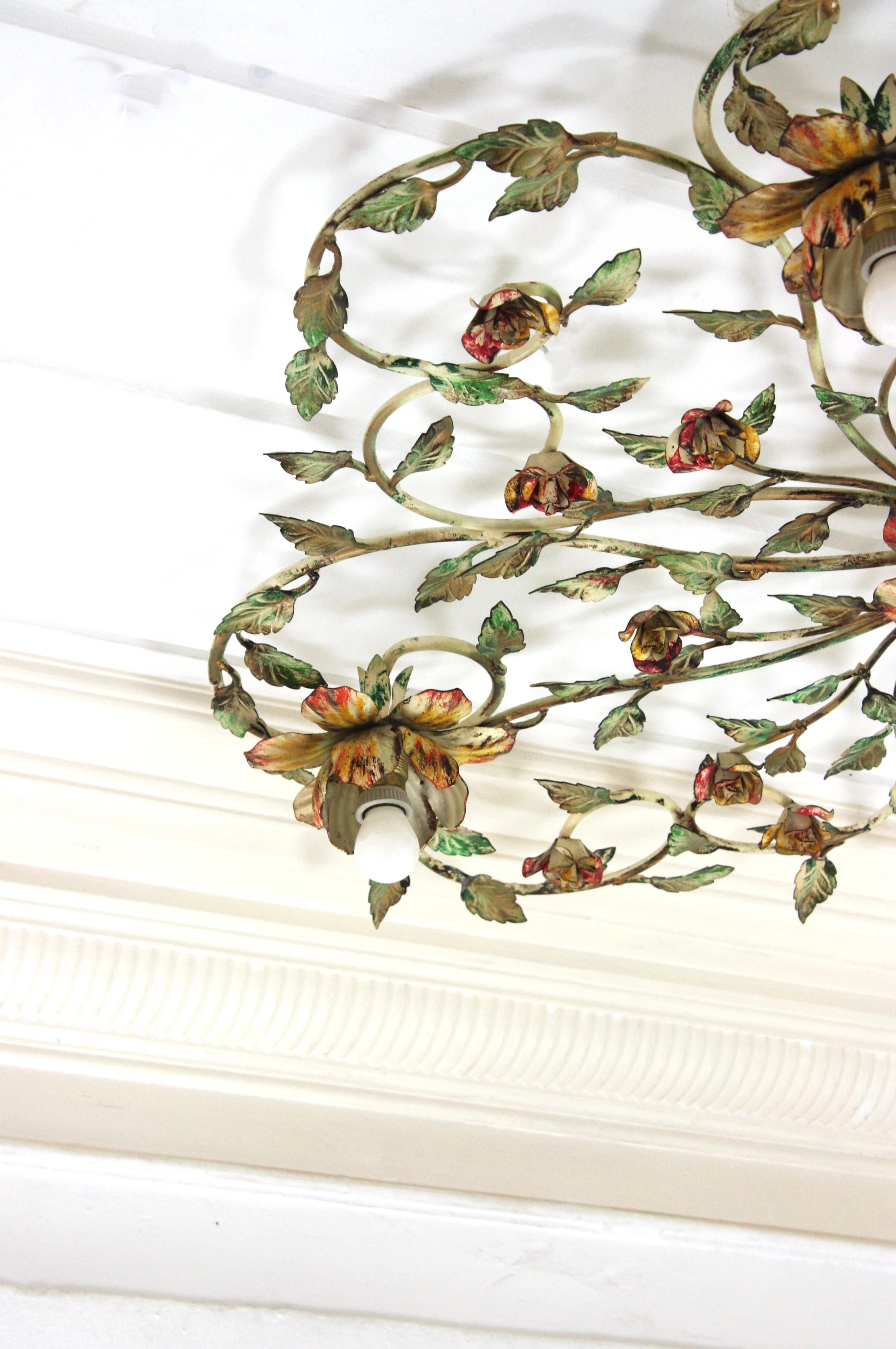 Énorme luminaire à fleur de feuillage en fer polychrome, 47 po en vente 6