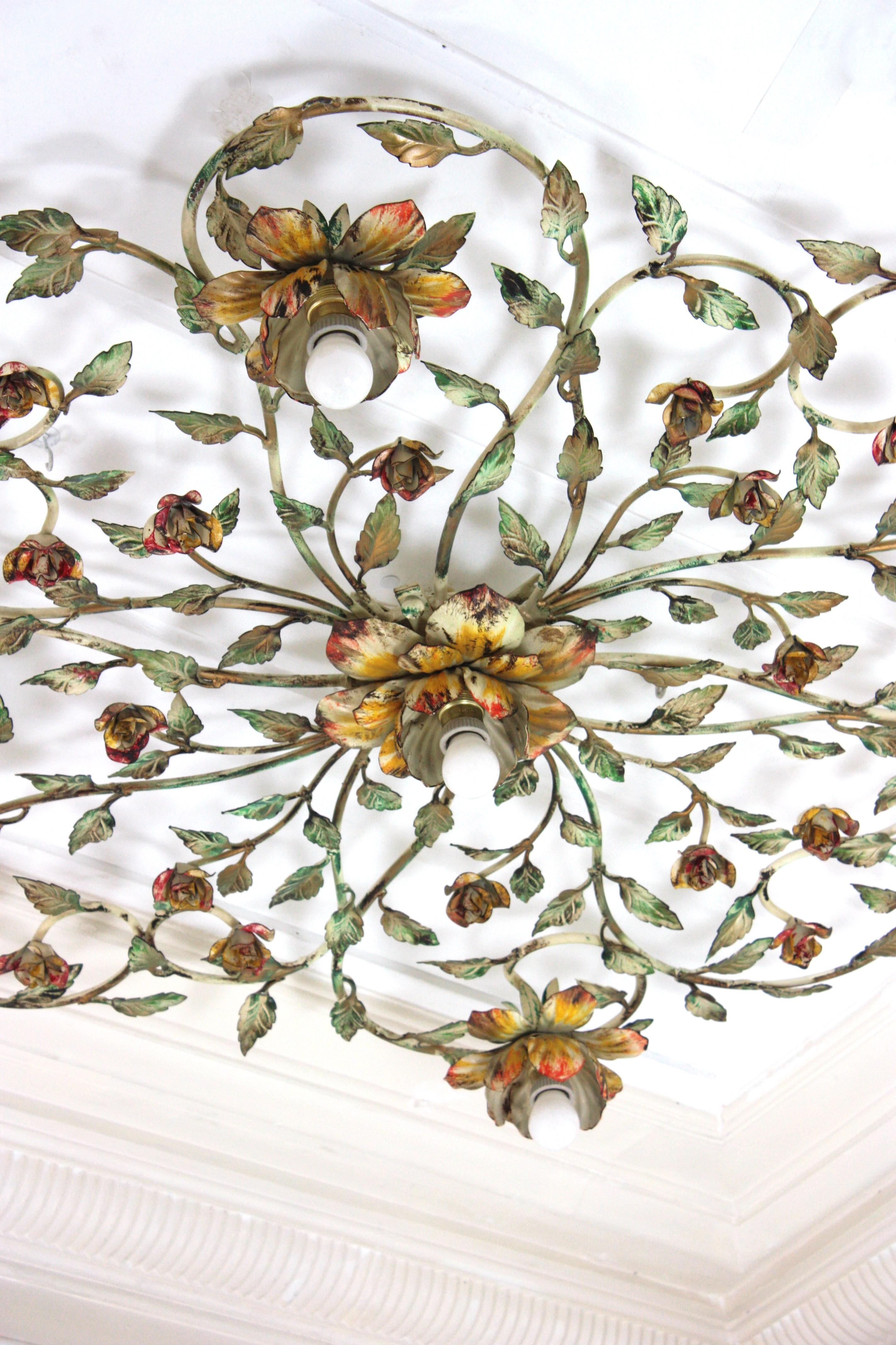 Énorme luminaire à fleur de feuillage en fer polychrome, 47 po en vente 7