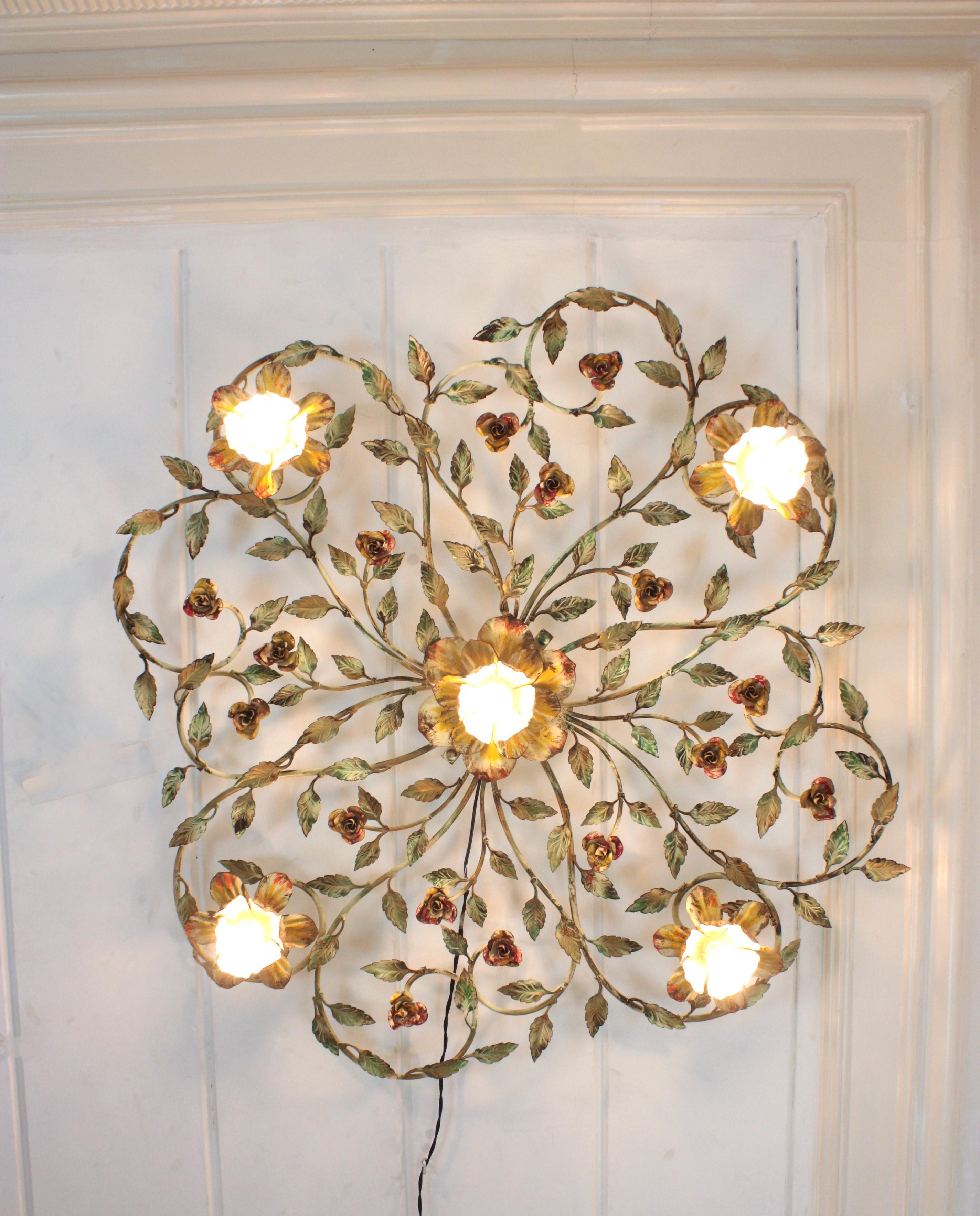 Énorme luminaire à fleur de feuillage en fer polychrome, 47 po en vente 8