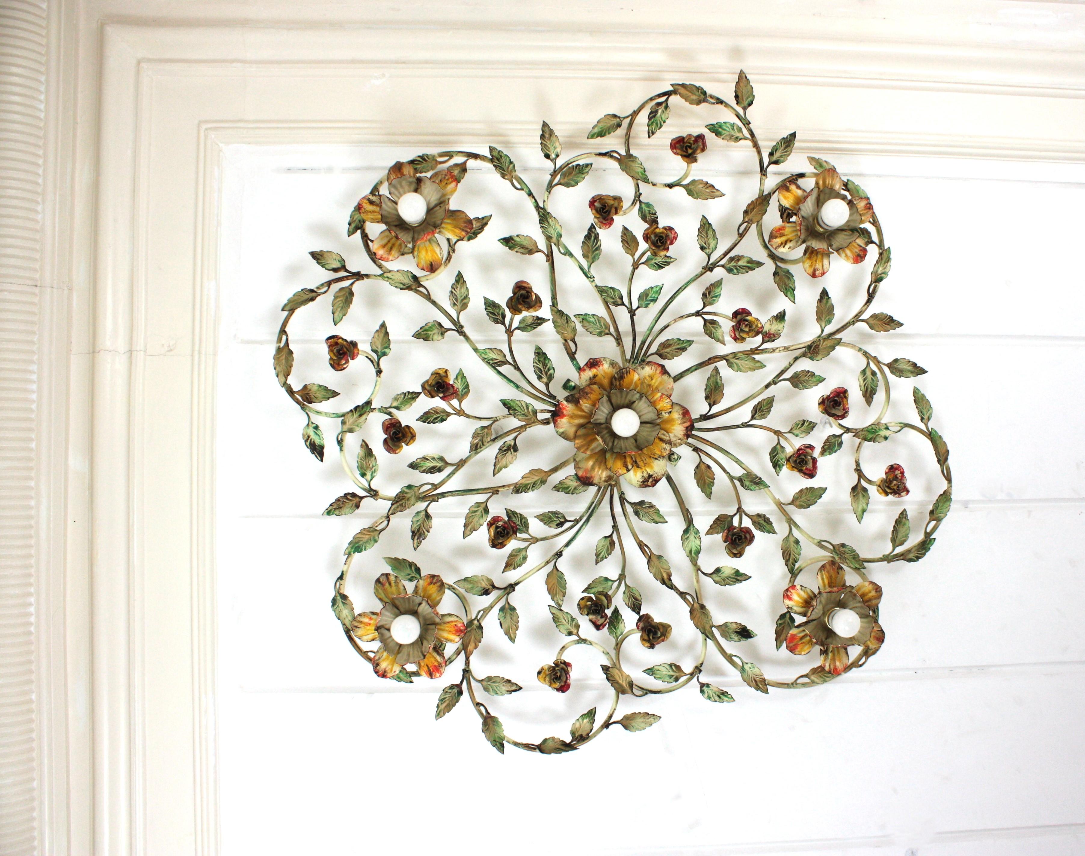 Énorme luminaire à fleur de feuillage en fer polychrome, 47 po en vente 9