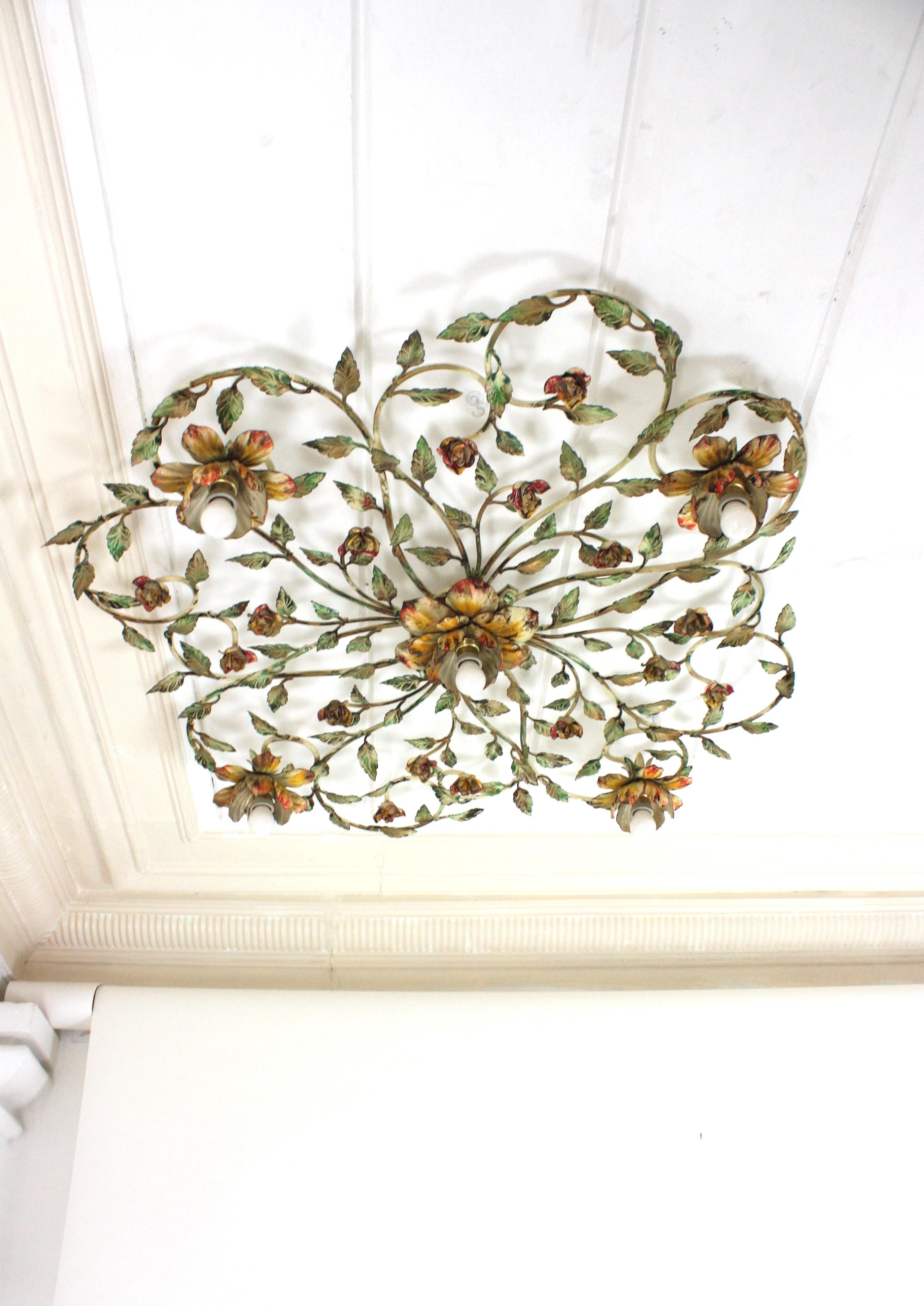 Énorme luminaire à fleur de feuillage en fer polychrome, 47 po en vente 10