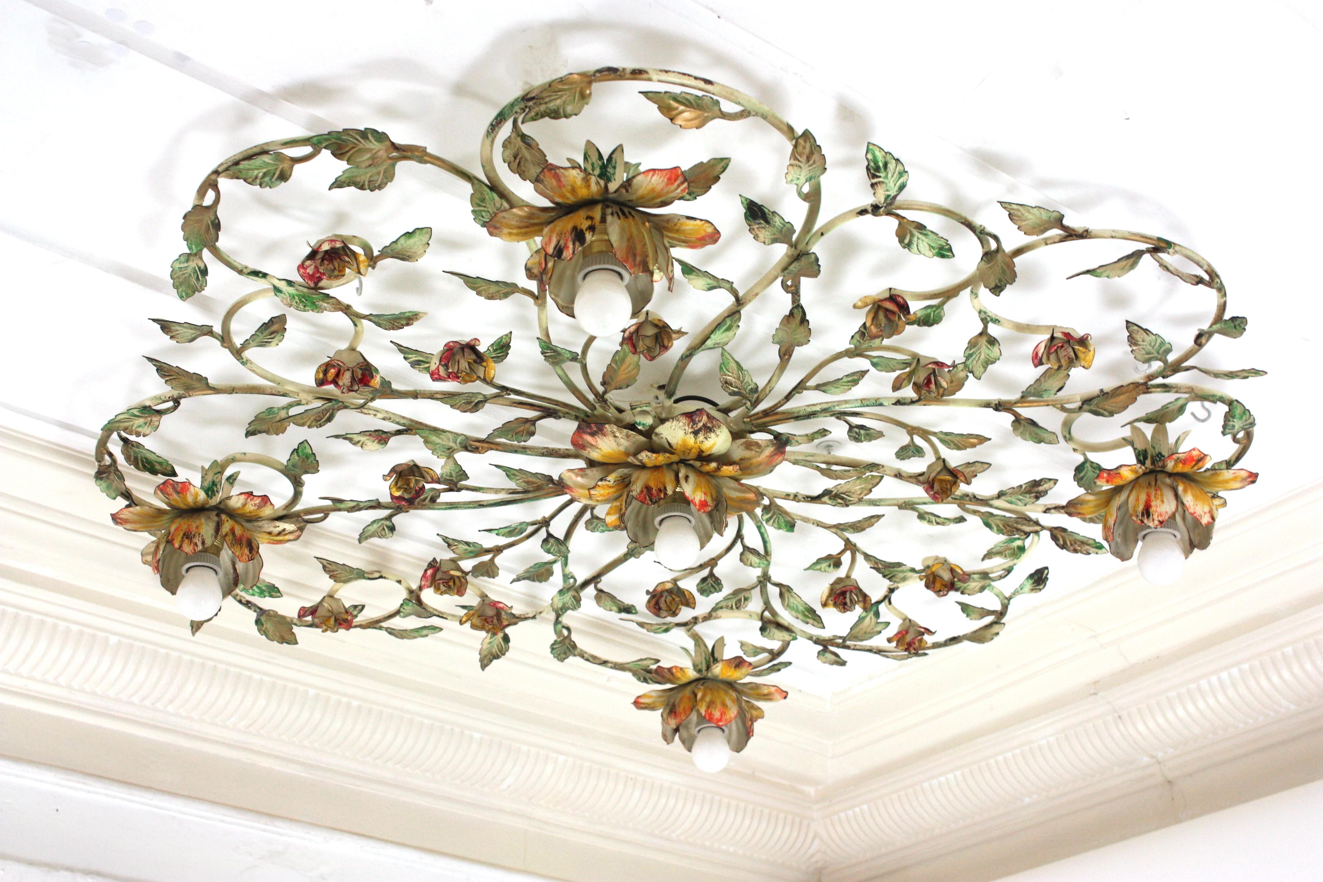 Énorme luminaire à fleur de feuillage en fer polychrome, 47 po en vente 11