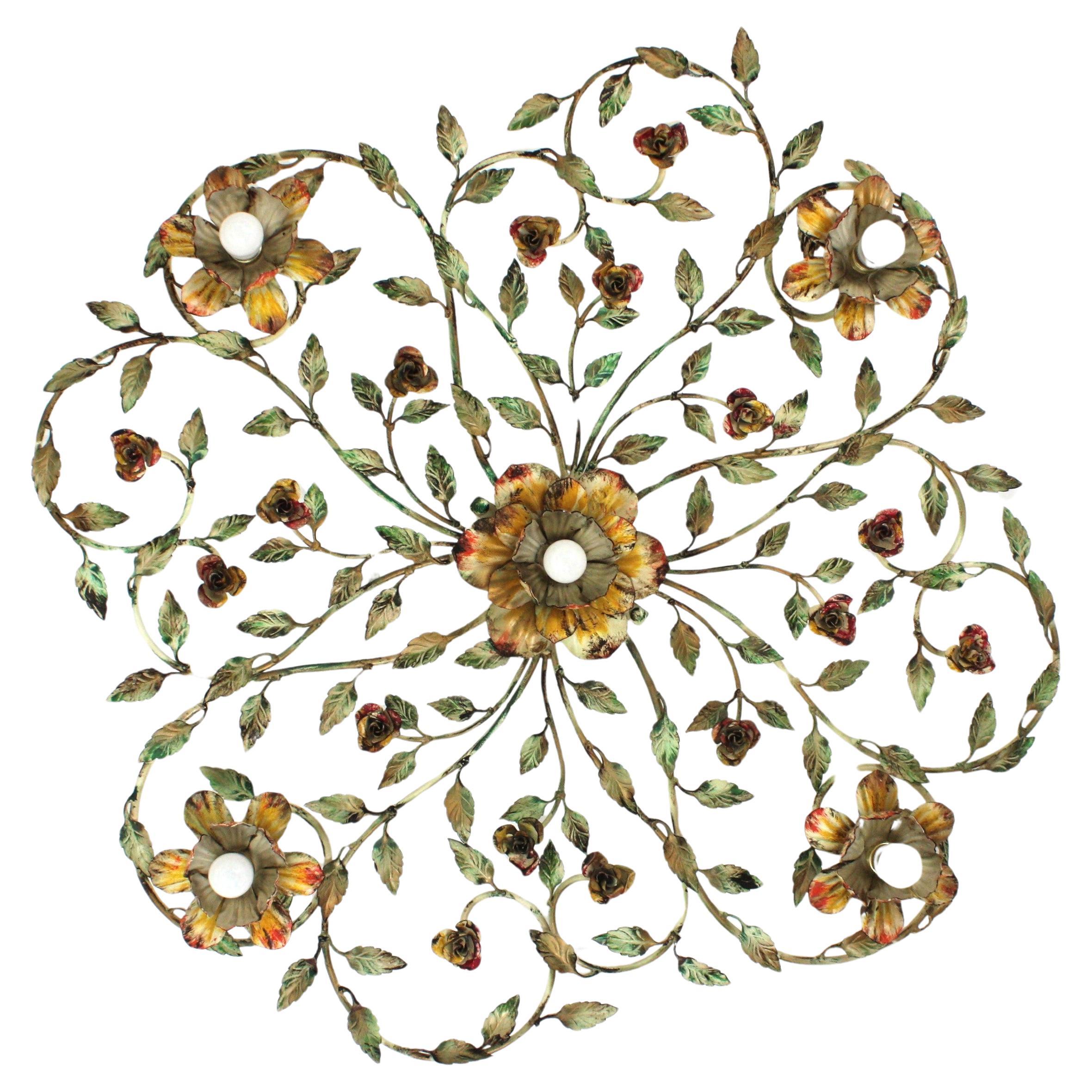 Énorme luminaire à fleur de feuillage en fer polychrome, 47 po