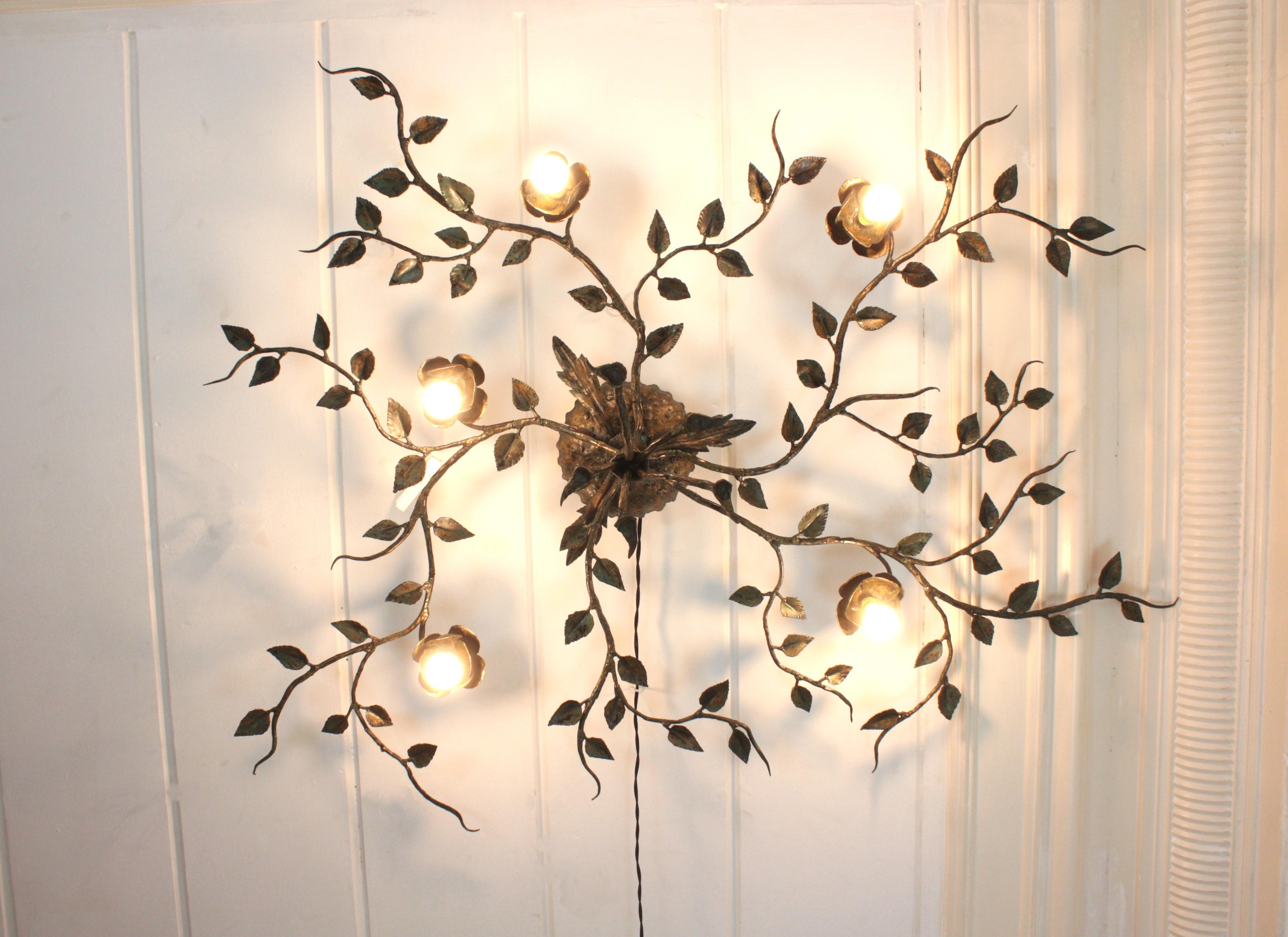Huge Foliage Floral Flush Mount Light Fixture, Wrought Iron, Green Patina, 63 in 2