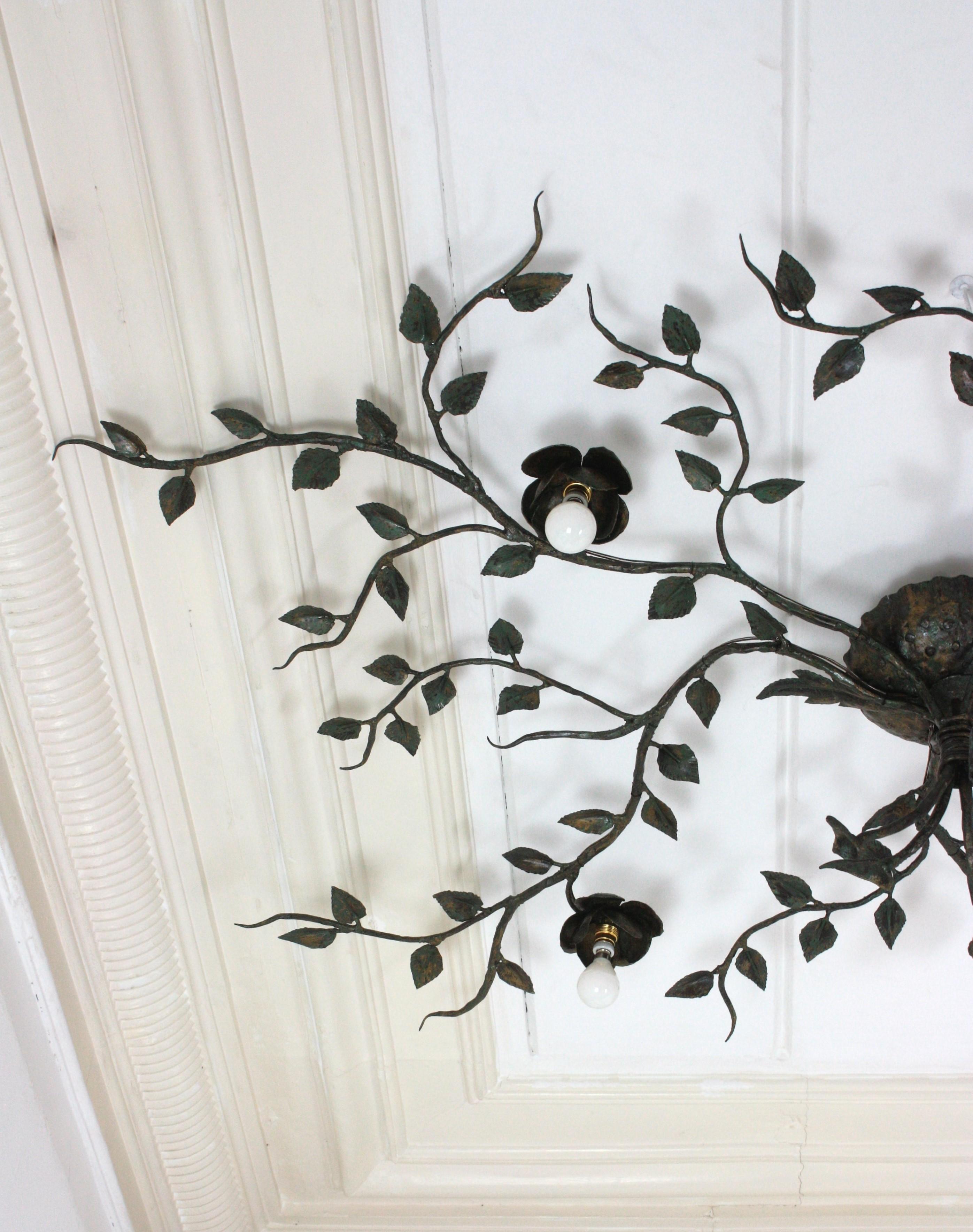 Huge Foliage Floral Flush Mount Light Fixture, Wrought Iron, Green Patina, 63 in 3