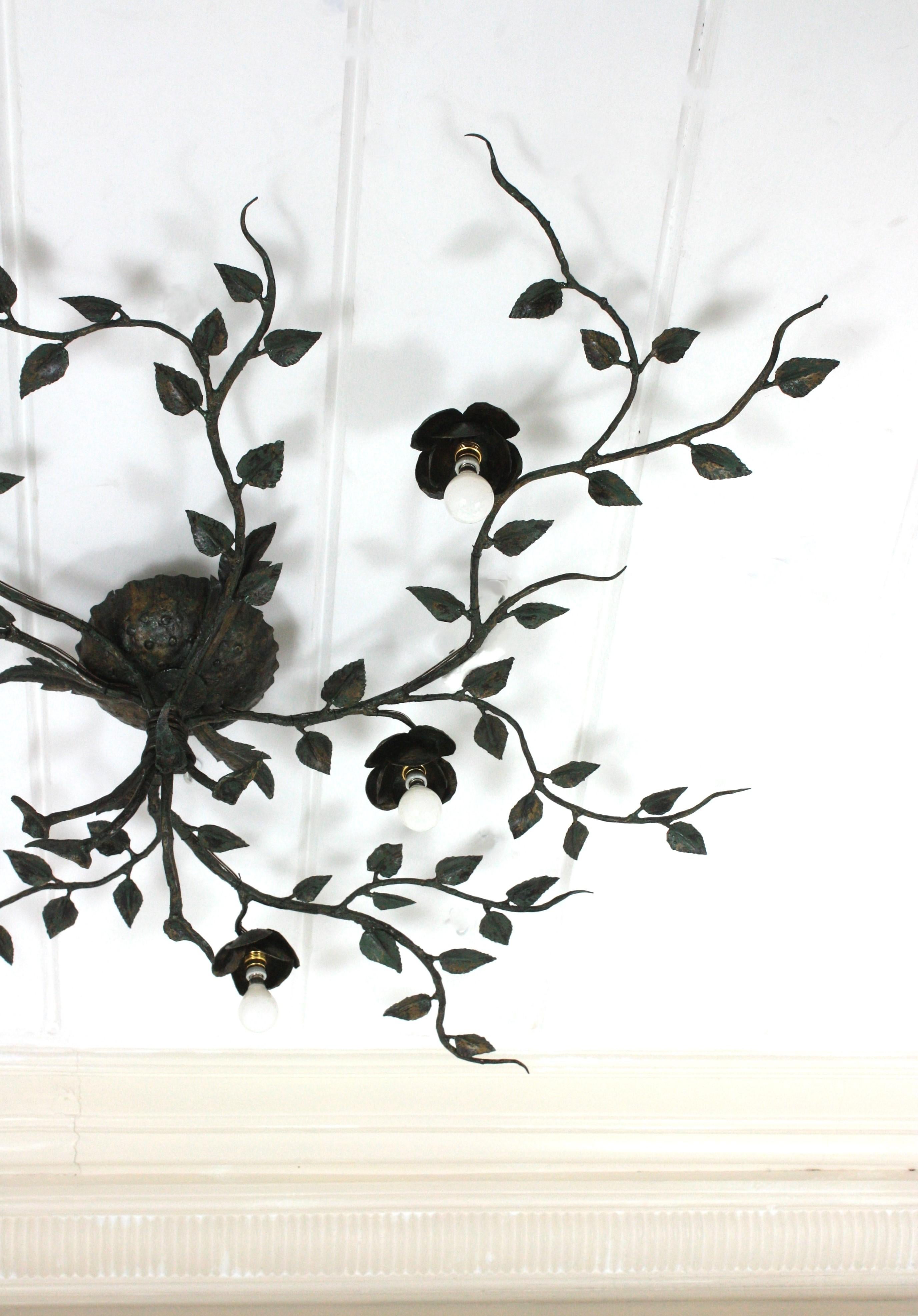 Huge Foliage Floral Flush Mount Light Fixture, Wrought Iron, Green Patina, 63 in 4